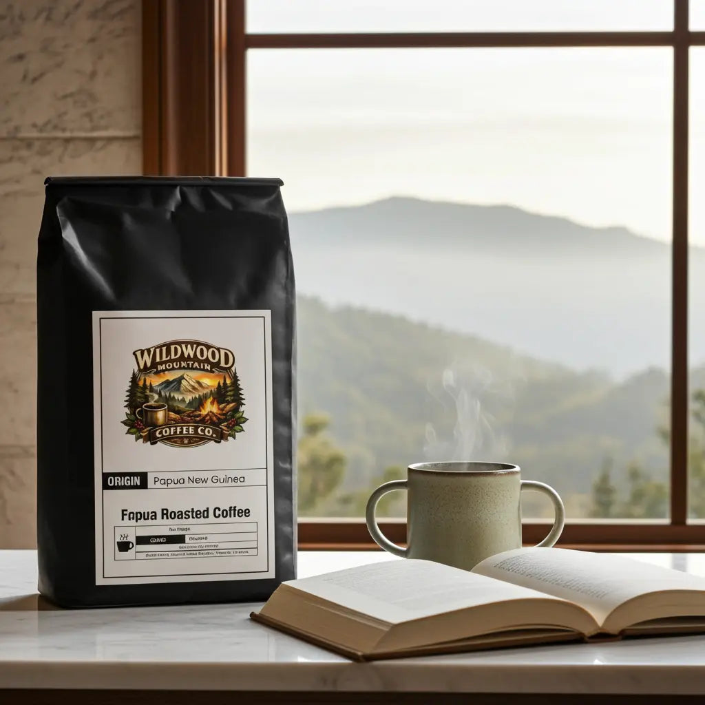 Wildwood Mountain Coffee Co. bag with a steaming mug and open book on a windowsill with a mountain view.