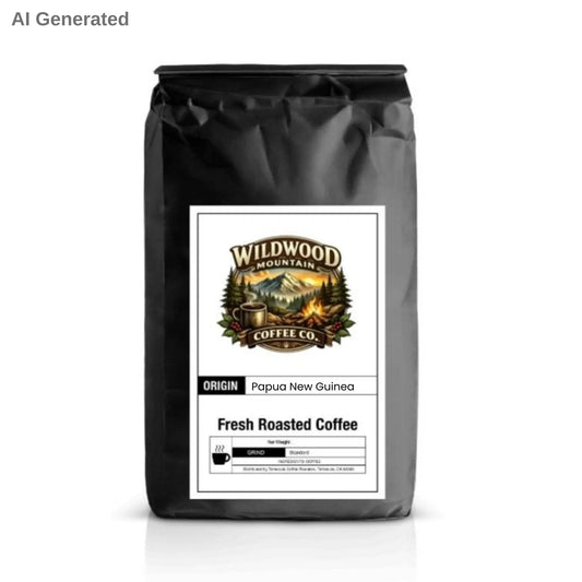 Black coffee bag with Wildwood Mountain Coffee Co. label on a white background