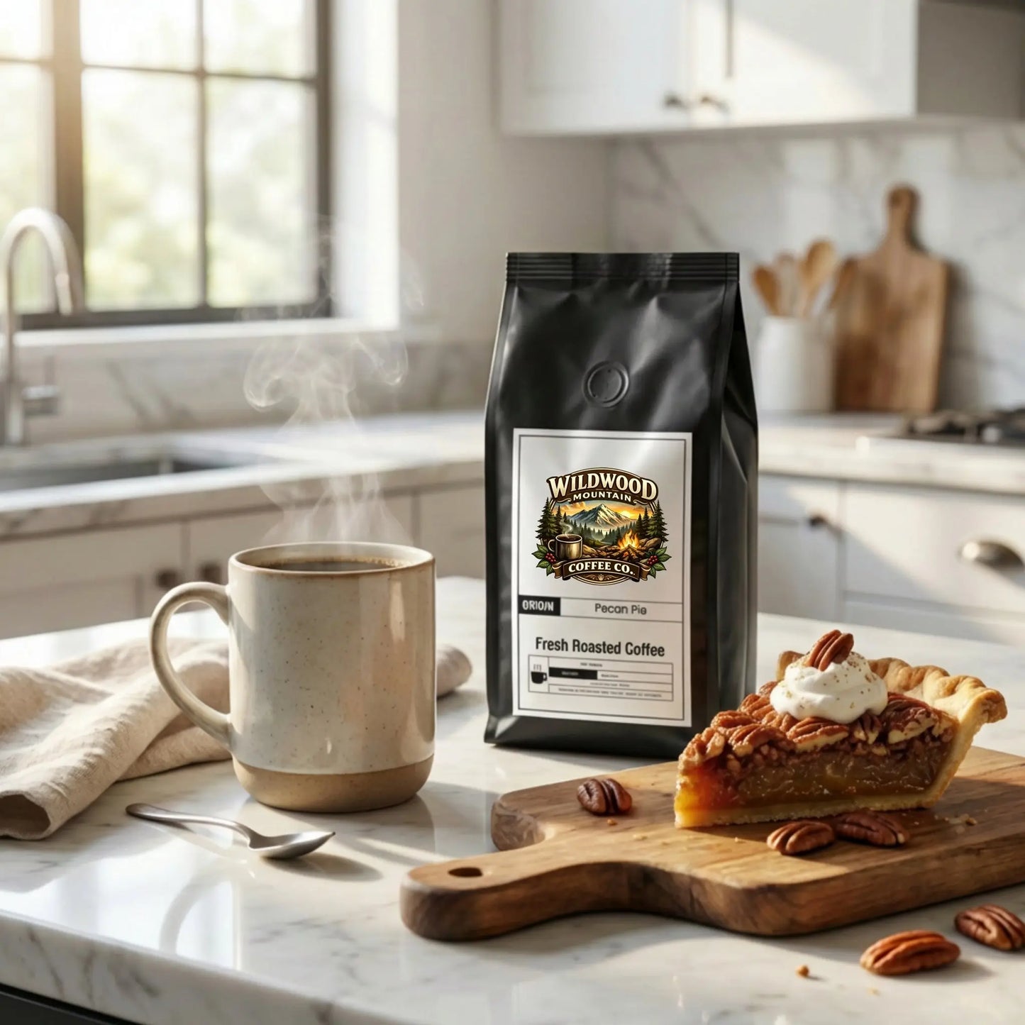 Steaming mug of coffee, Wildwood Coffee Co. bag, and pecan pie on a marble kitchen counter.