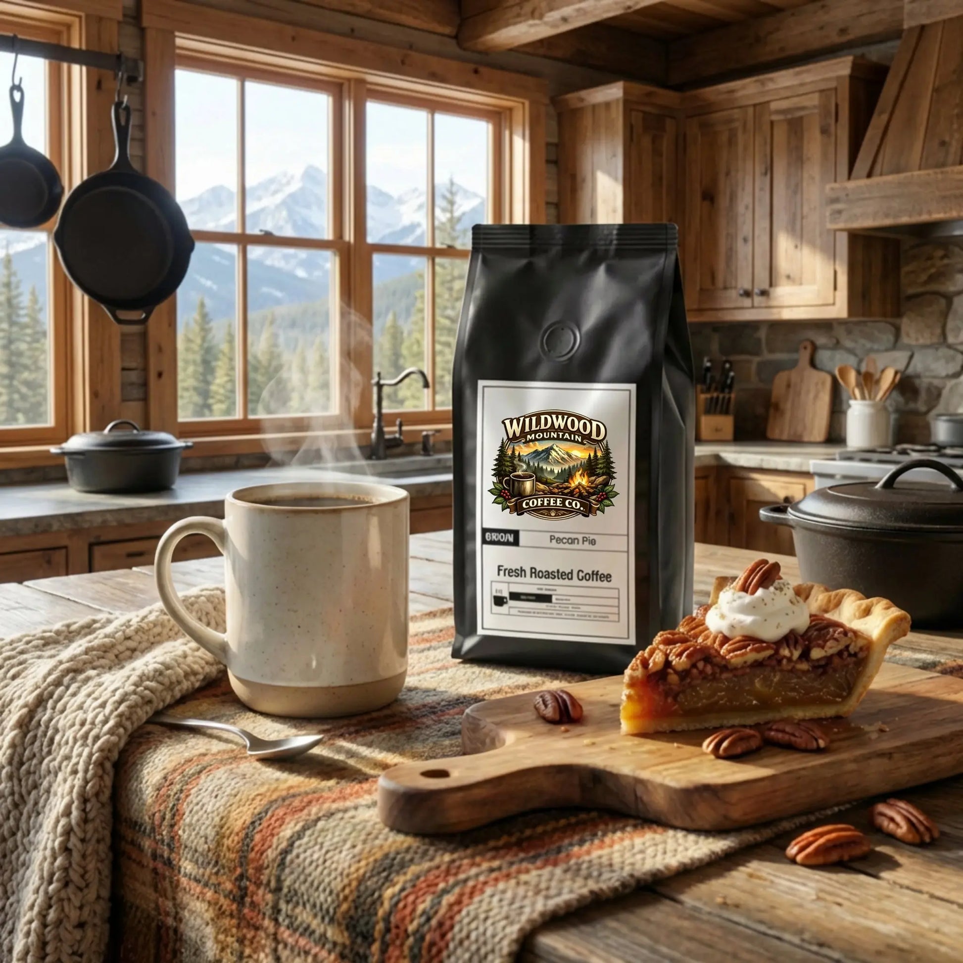 Cup of coffee with a bag of Wildwood Coffee Co. on a wooden table in a cozy kitchen.