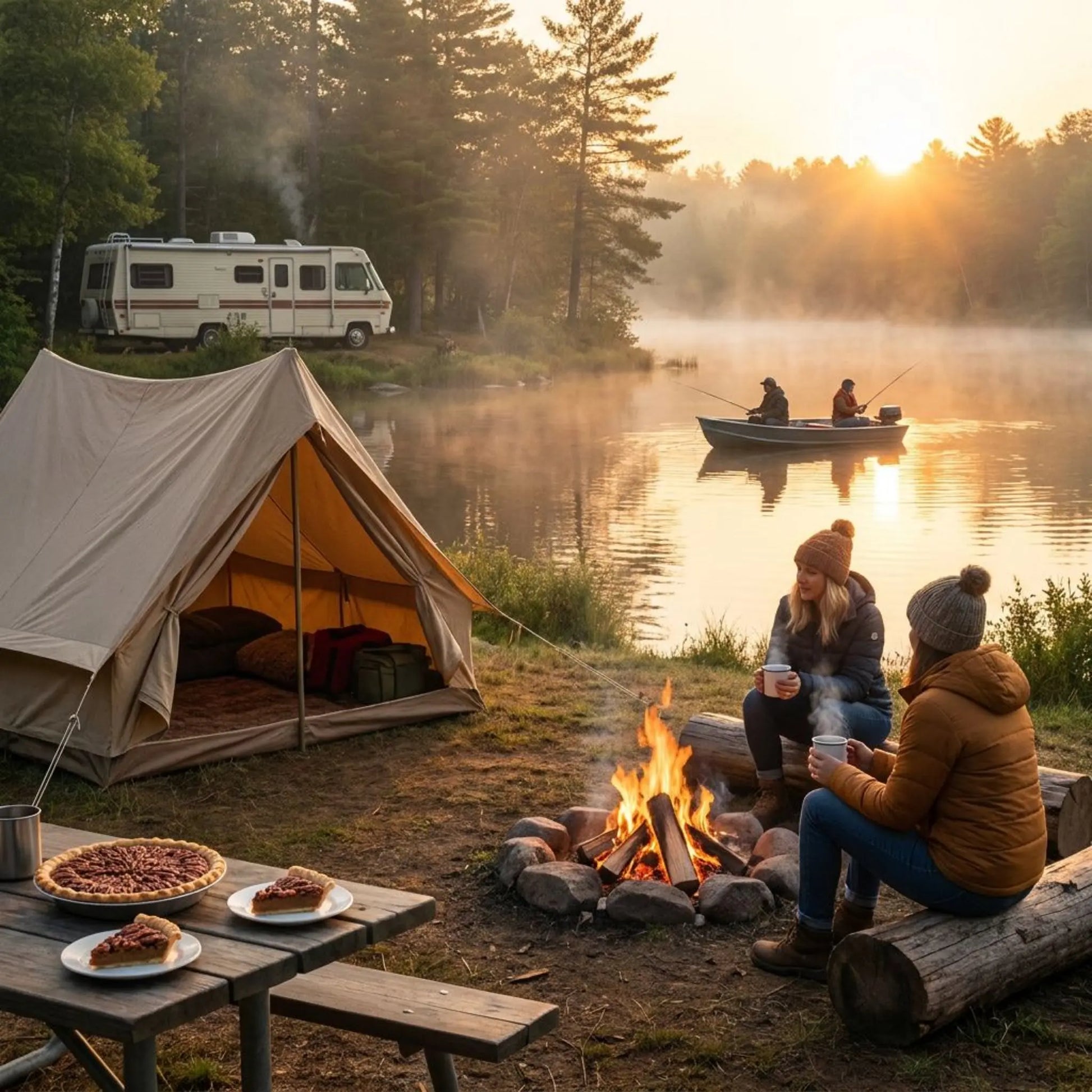 Camping scene with a tent, fire pit, and people by a lake at sunset drinking pecan pie flavored coffee.  