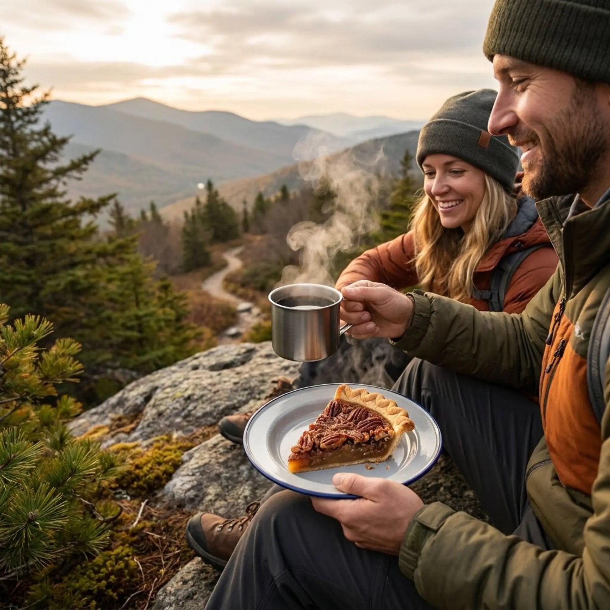 Two hikers enjoying pie and hot pecan pie flavored coffee in a mountainous landscape