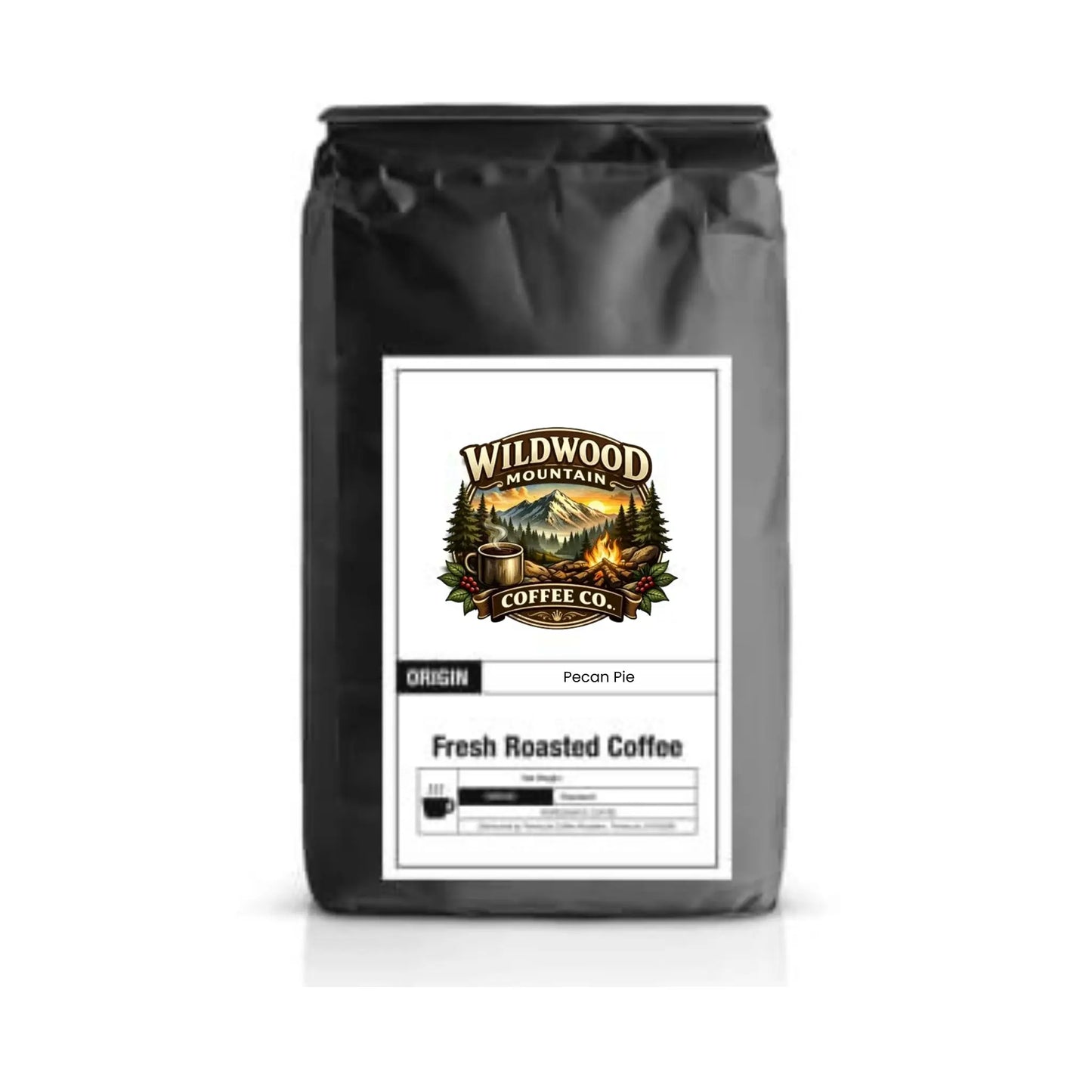 Coffee bag with Wildwood Mountain Coffee Co. label on a white background