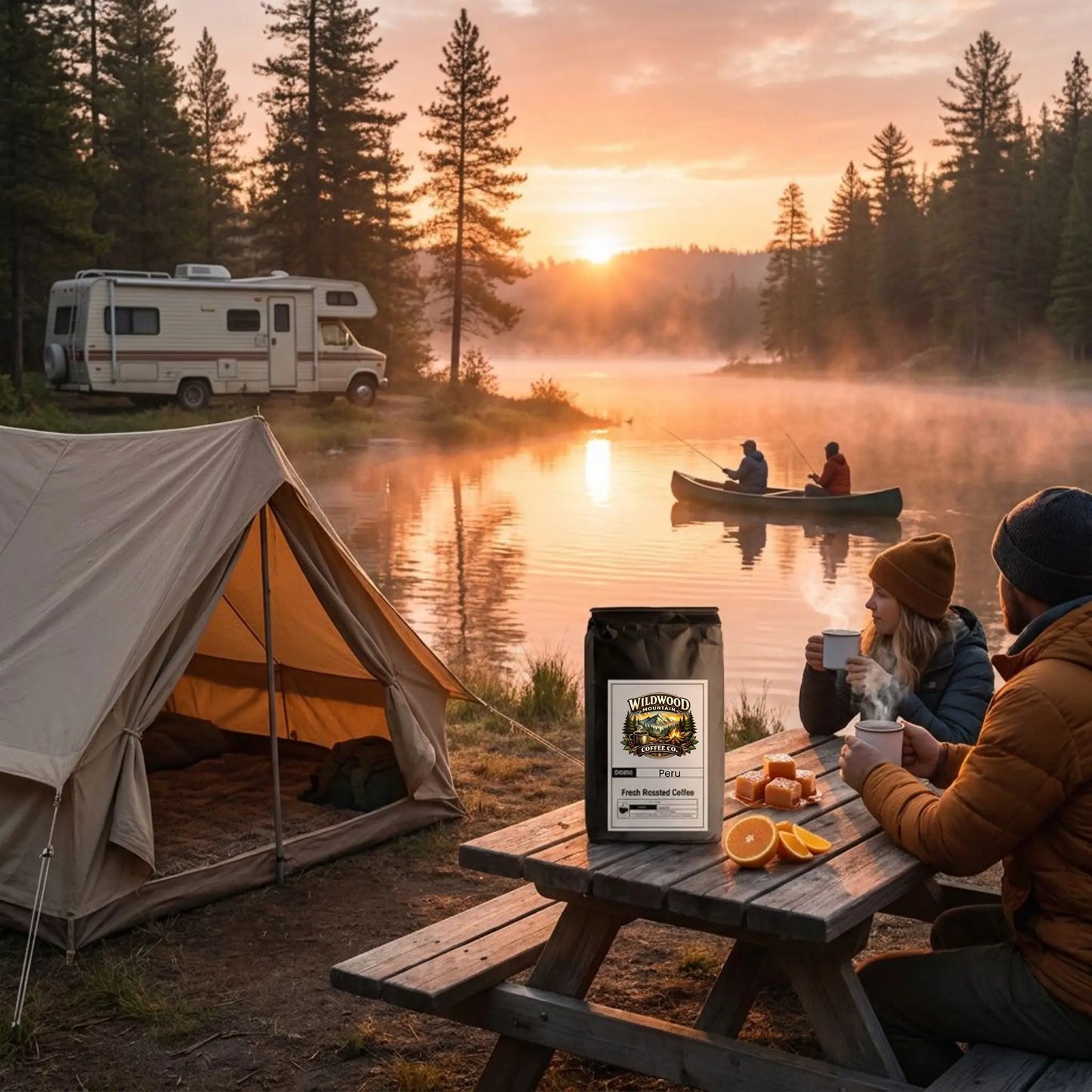 Camping scene with a tent, RV, and people by a lake at sunset, featuring a bag of coffee.