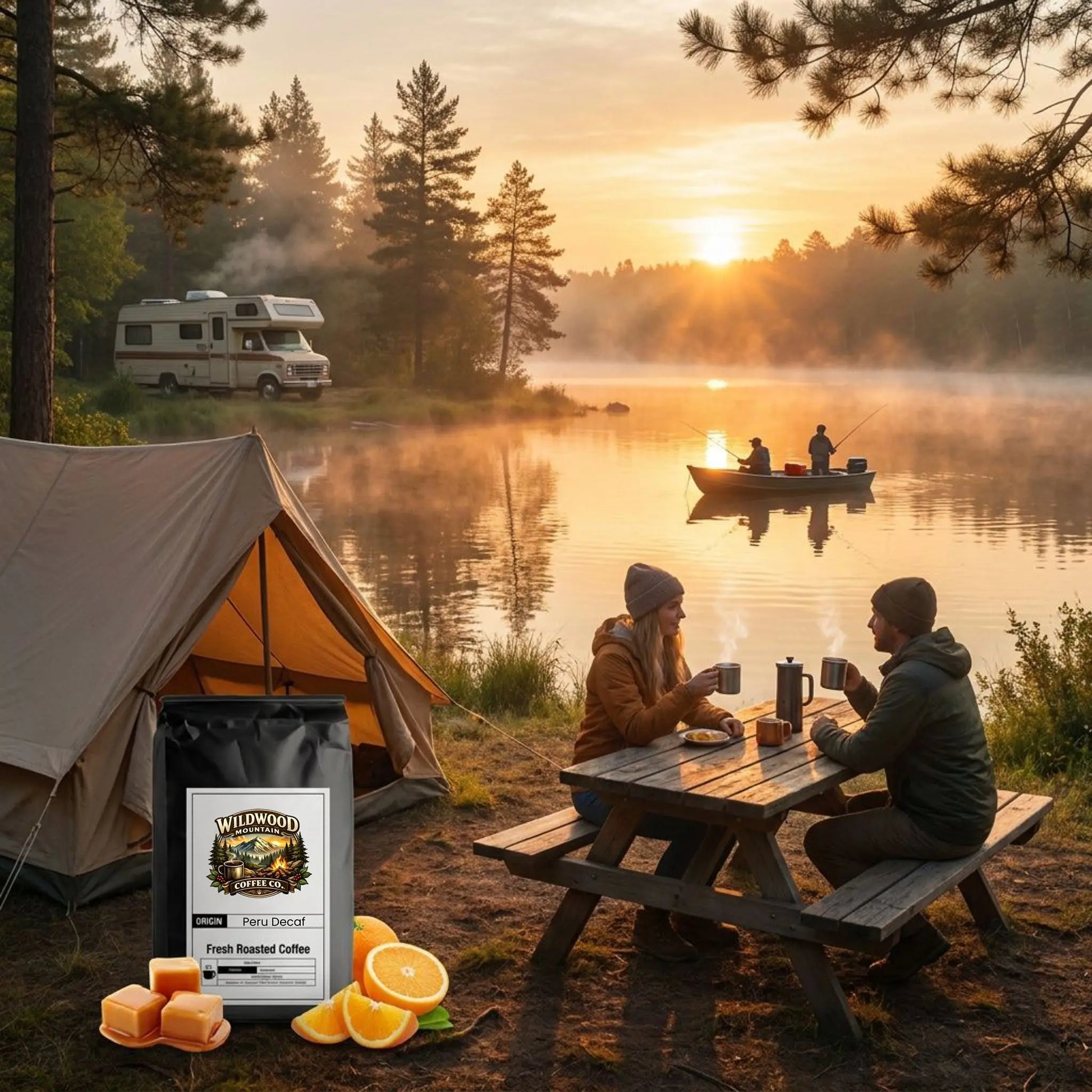 Camping scene with a tent, coffee, and people by a lake at sunset.