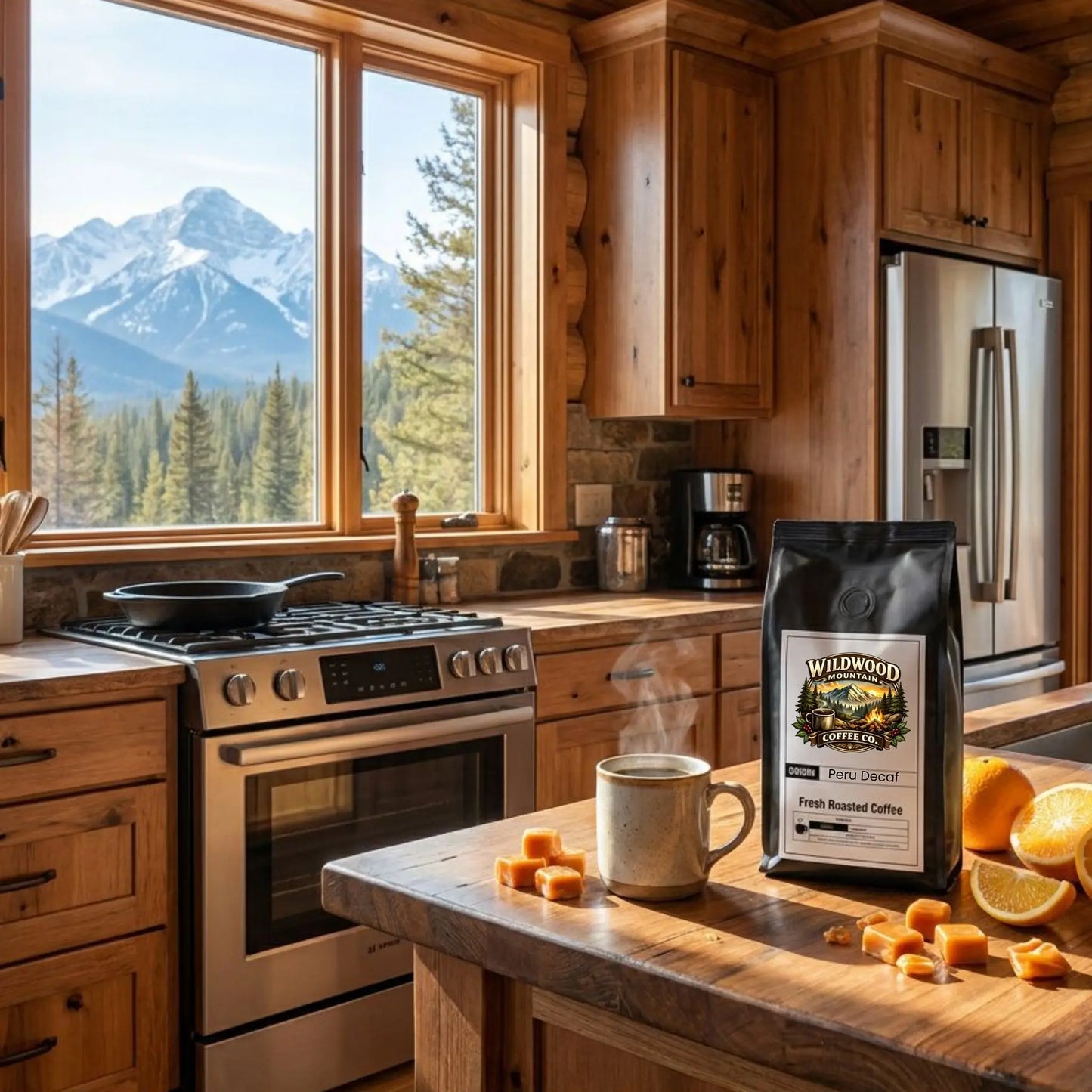 Mountain Cabin Kitchen with wooden cabinets, stainless steel appliances, hot coffee, and a view of mountains and trees.