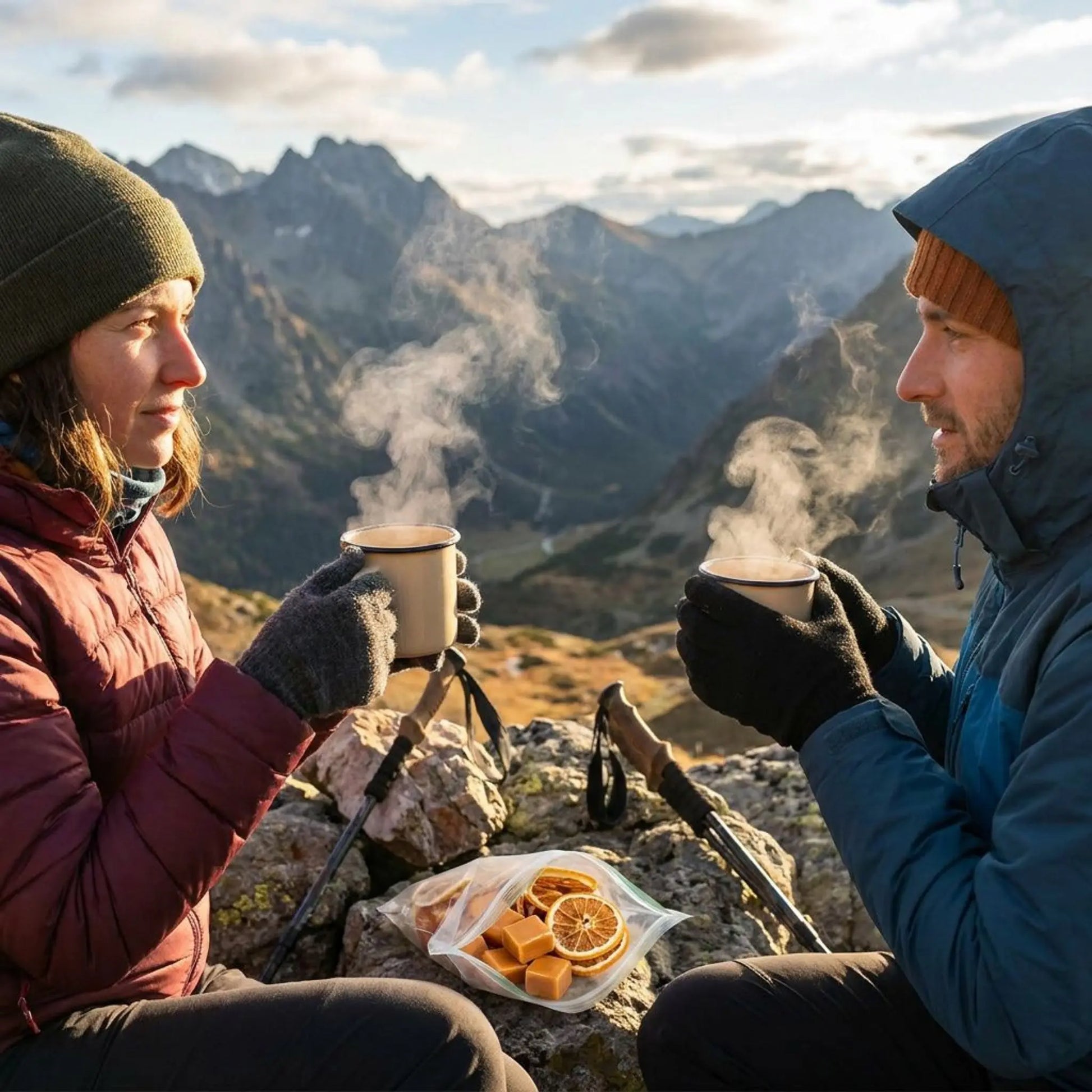 Two people enjoying hot beverages with a mountainous landscape in the background