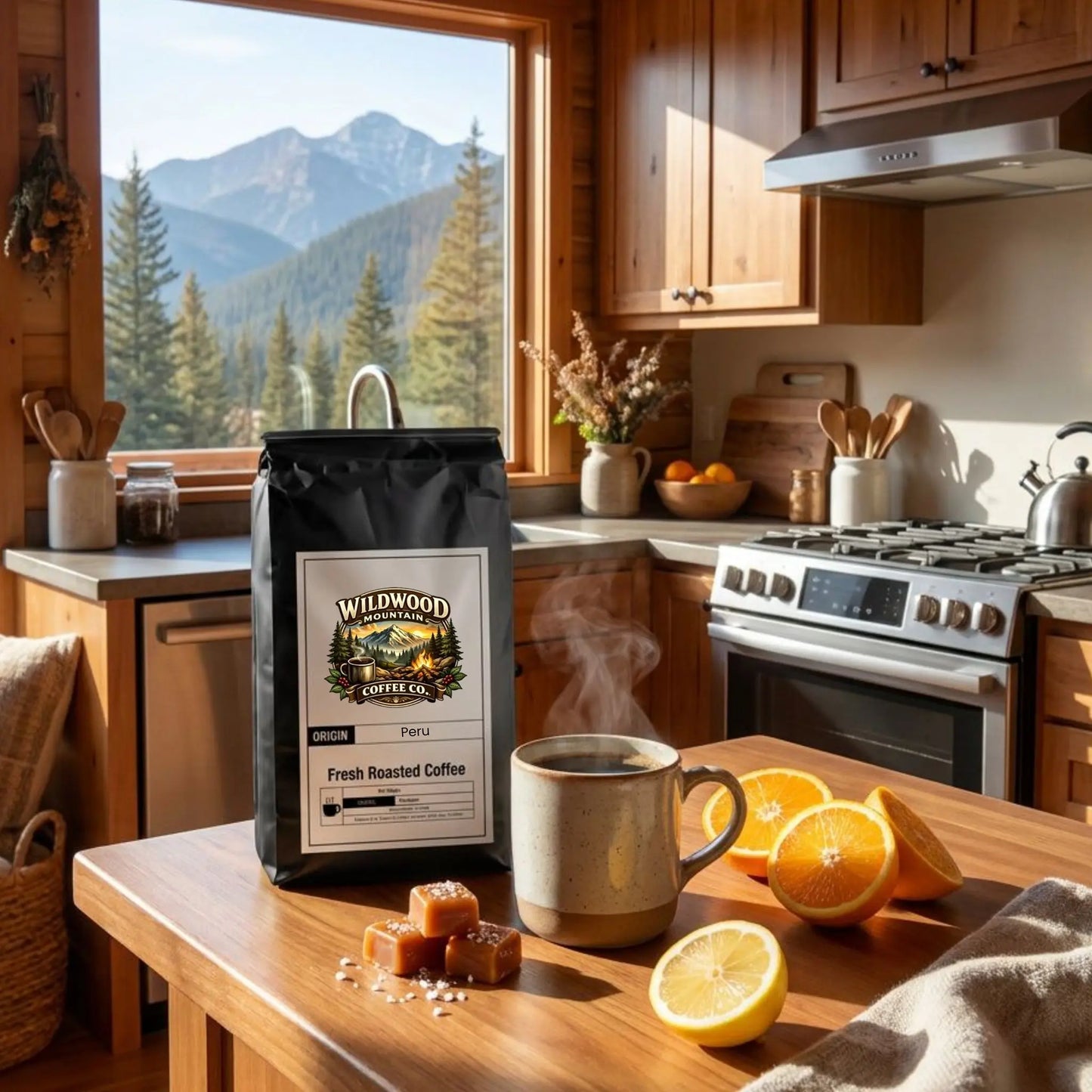 Woodland Mountain Coffee Co. bag on a kitchen counter with coffee and oranges