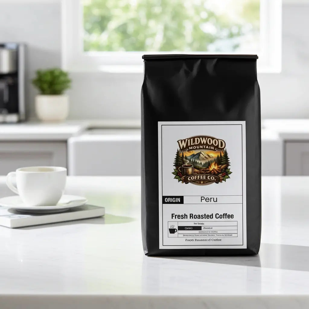 Black coffee bag from Wildwood Mountain Coffee Co. on a kitchen counter with a cup of coffee.