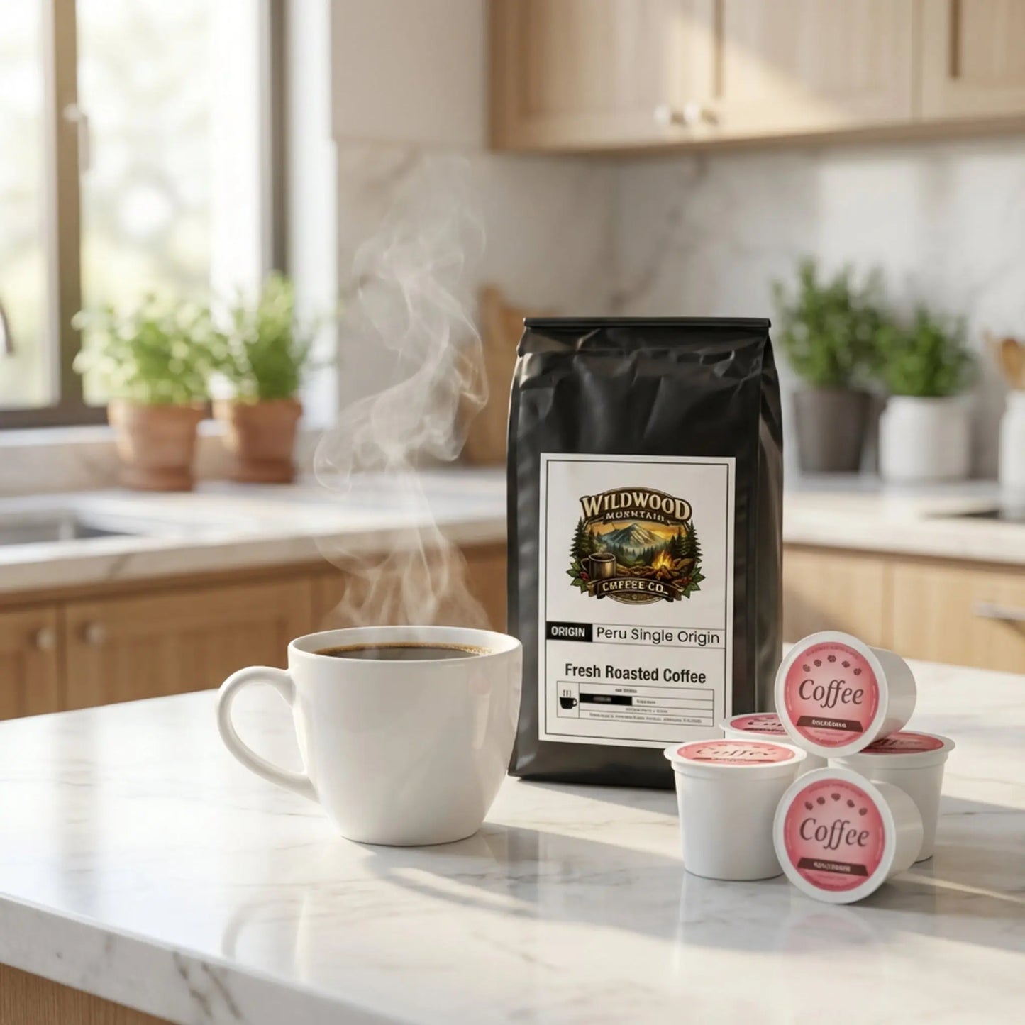 Coffee bag, mug with steaming coffee, and coffee pods on a kitchen counter.