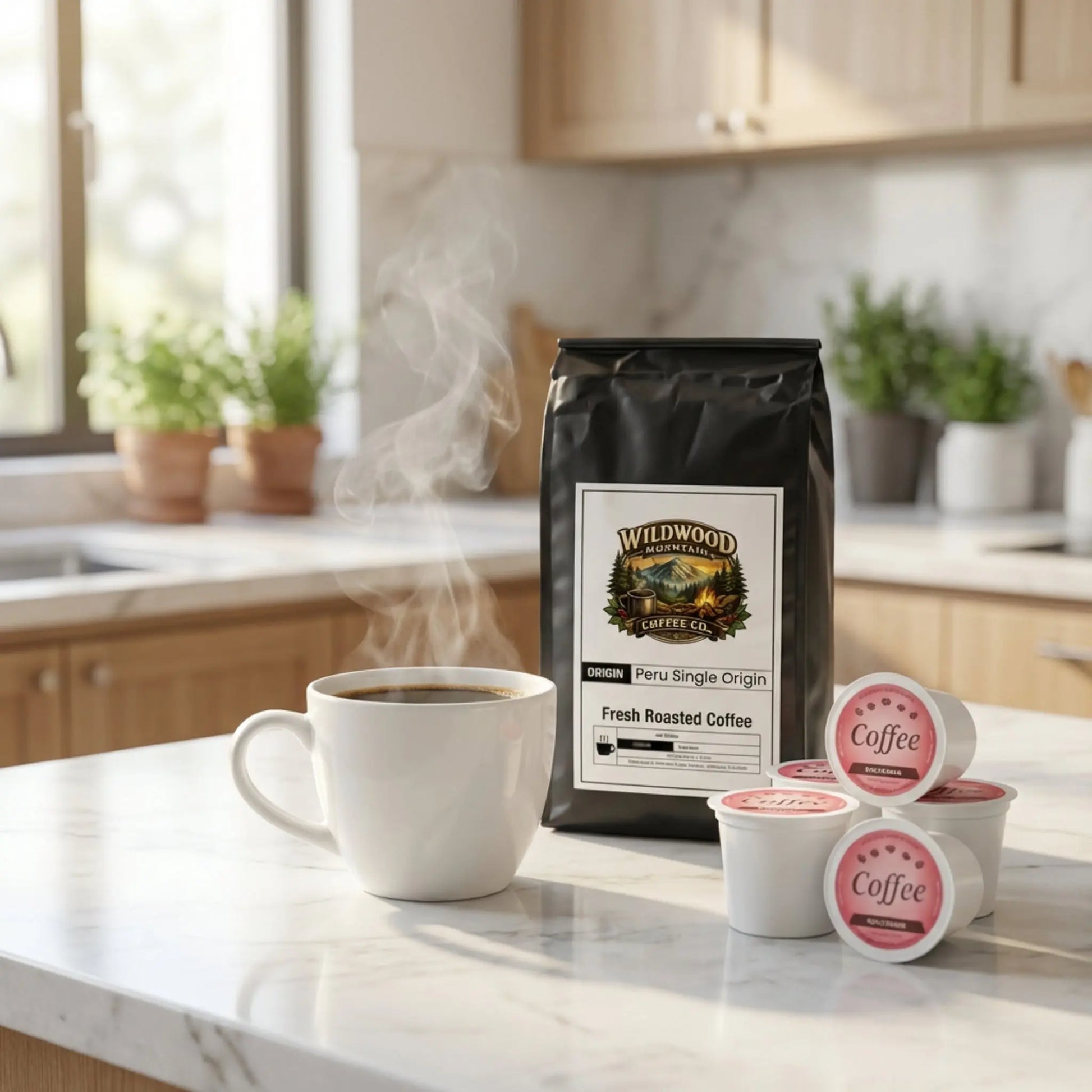 Coffee bag, mug with steaming coffee, and coffee pods on a kitchen counter.