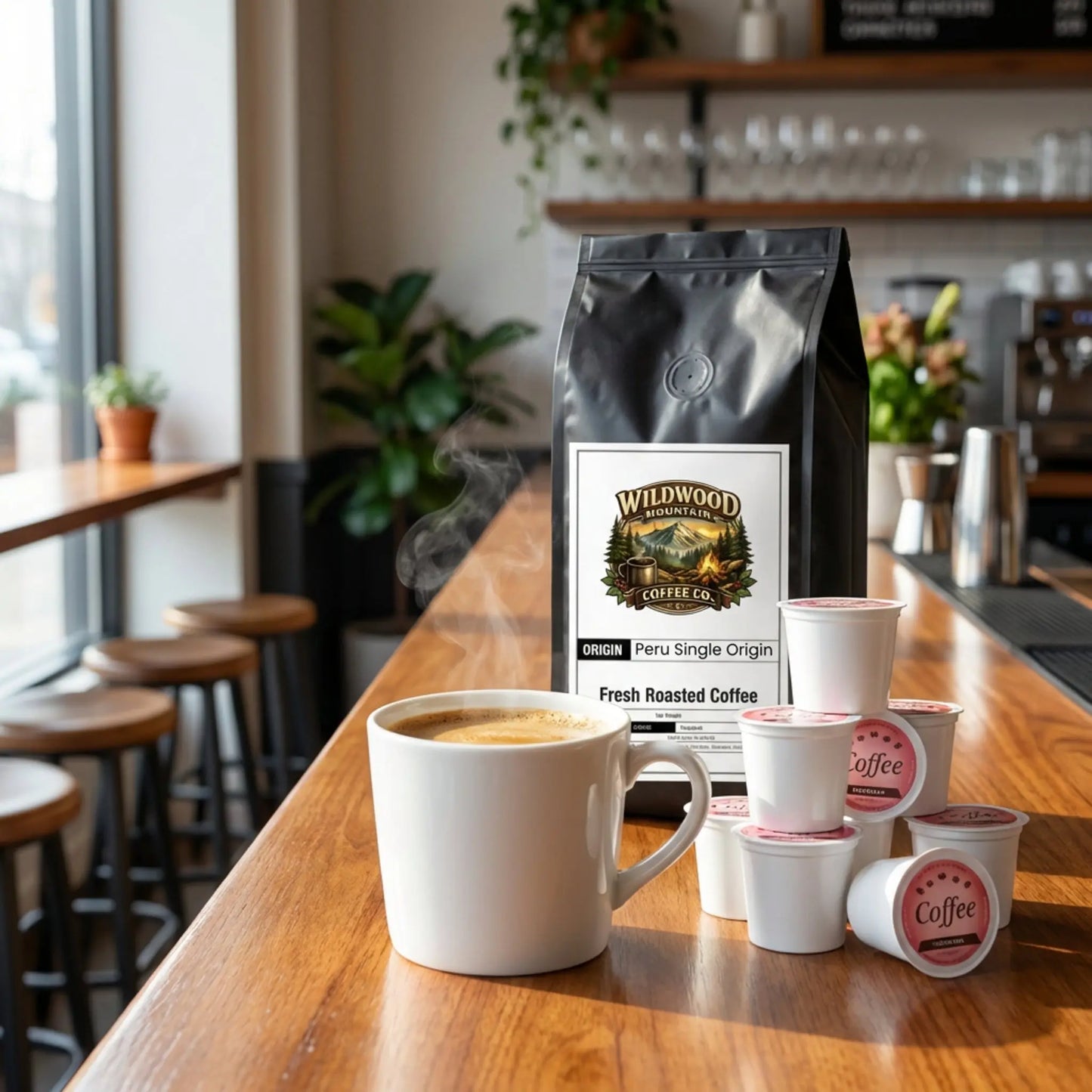 White mug with steaming coffee, Wildwood Coffee Co. bag, and single-origin coffee pods on a wooden counter.