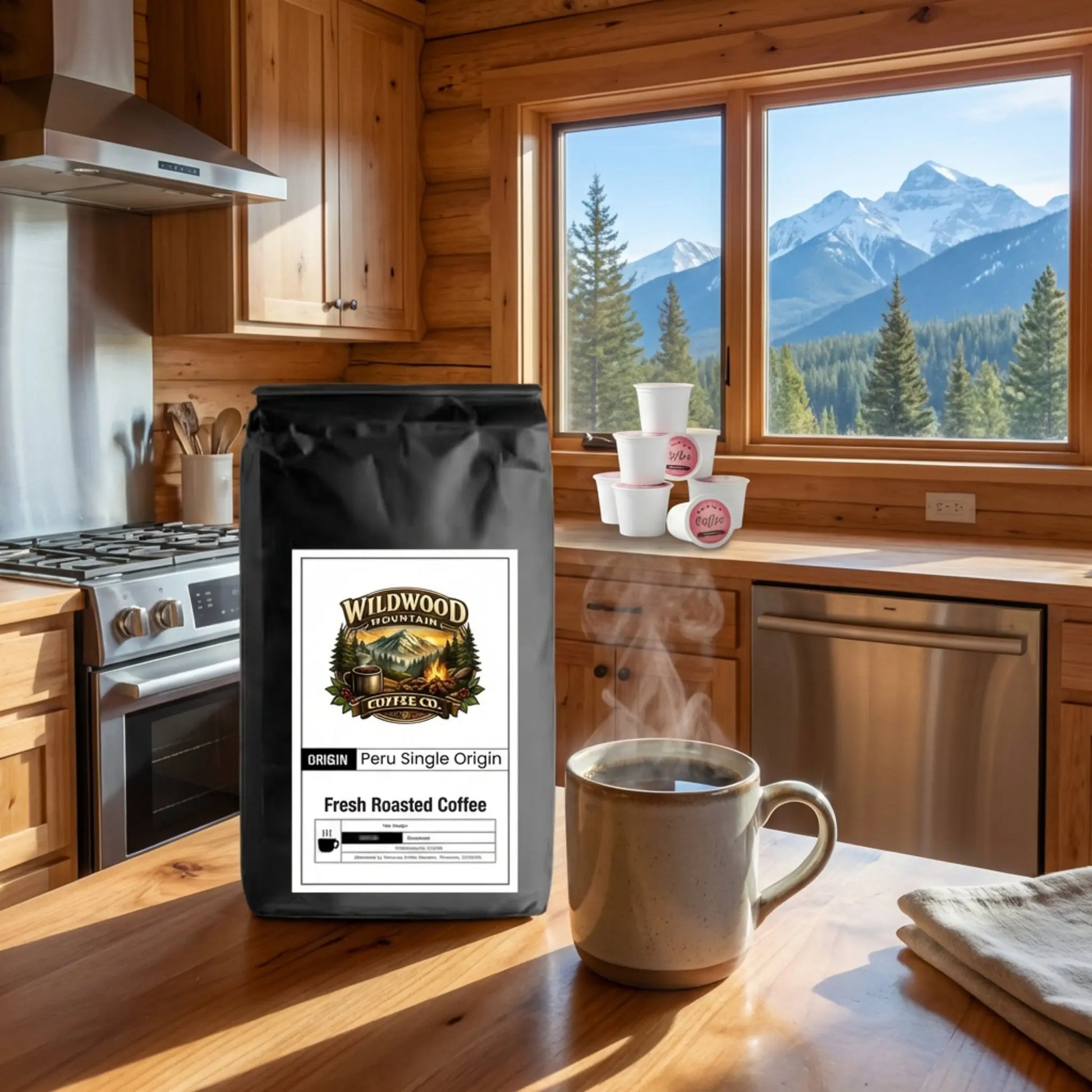 Wildwood Coffee Co. bag with a steaming mug of coffee in a kitchen with mountain view