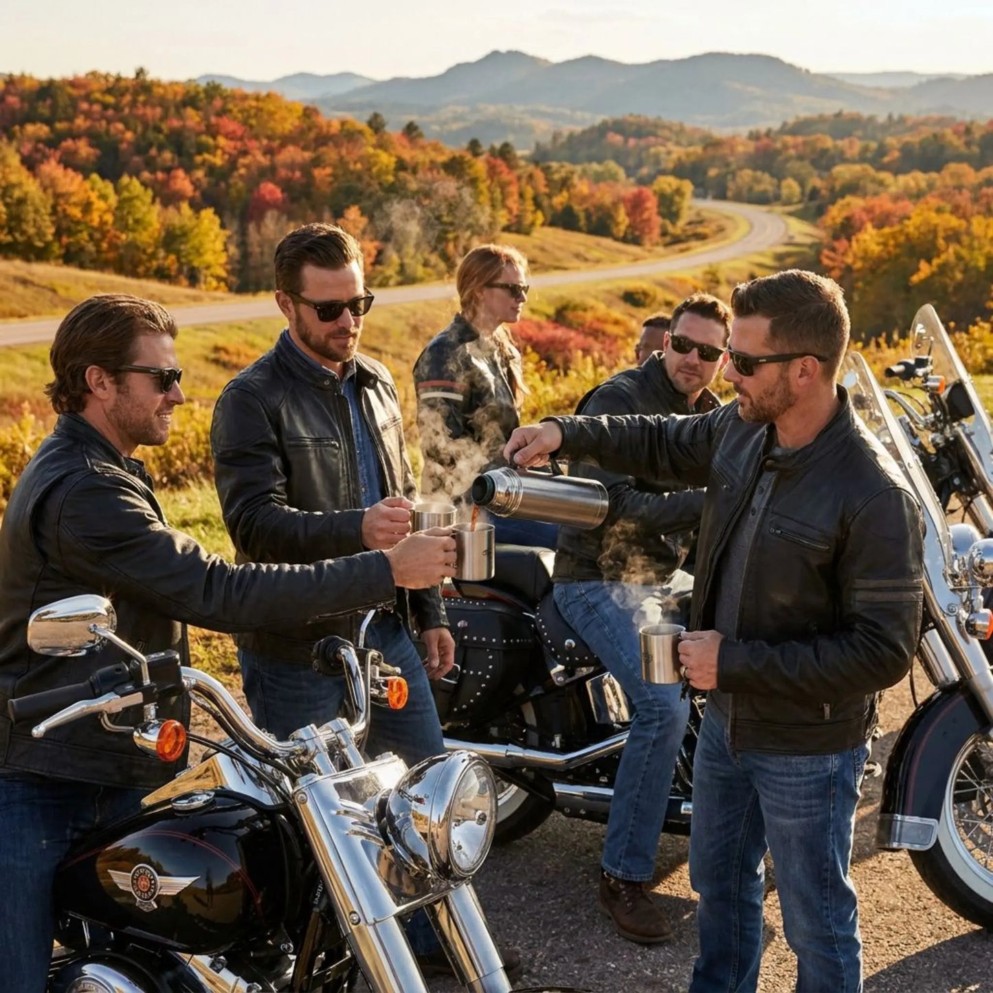 Group of men and women on motorcycles in a scenic autumn setting, enjoying a drink of hot pumpkin spice coffee.