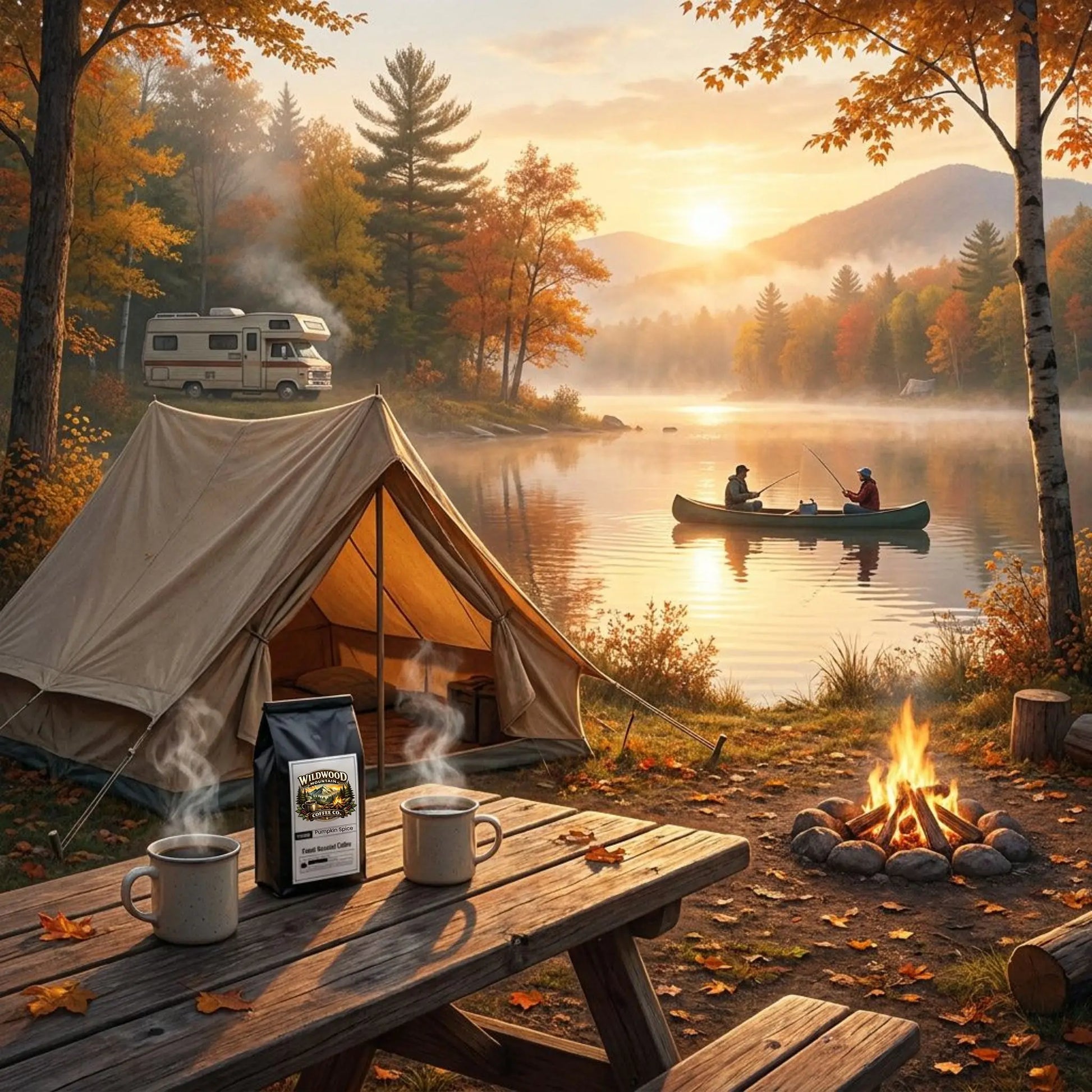 Camping scene with a tent, coffee, and canoe on a lake at sunset.