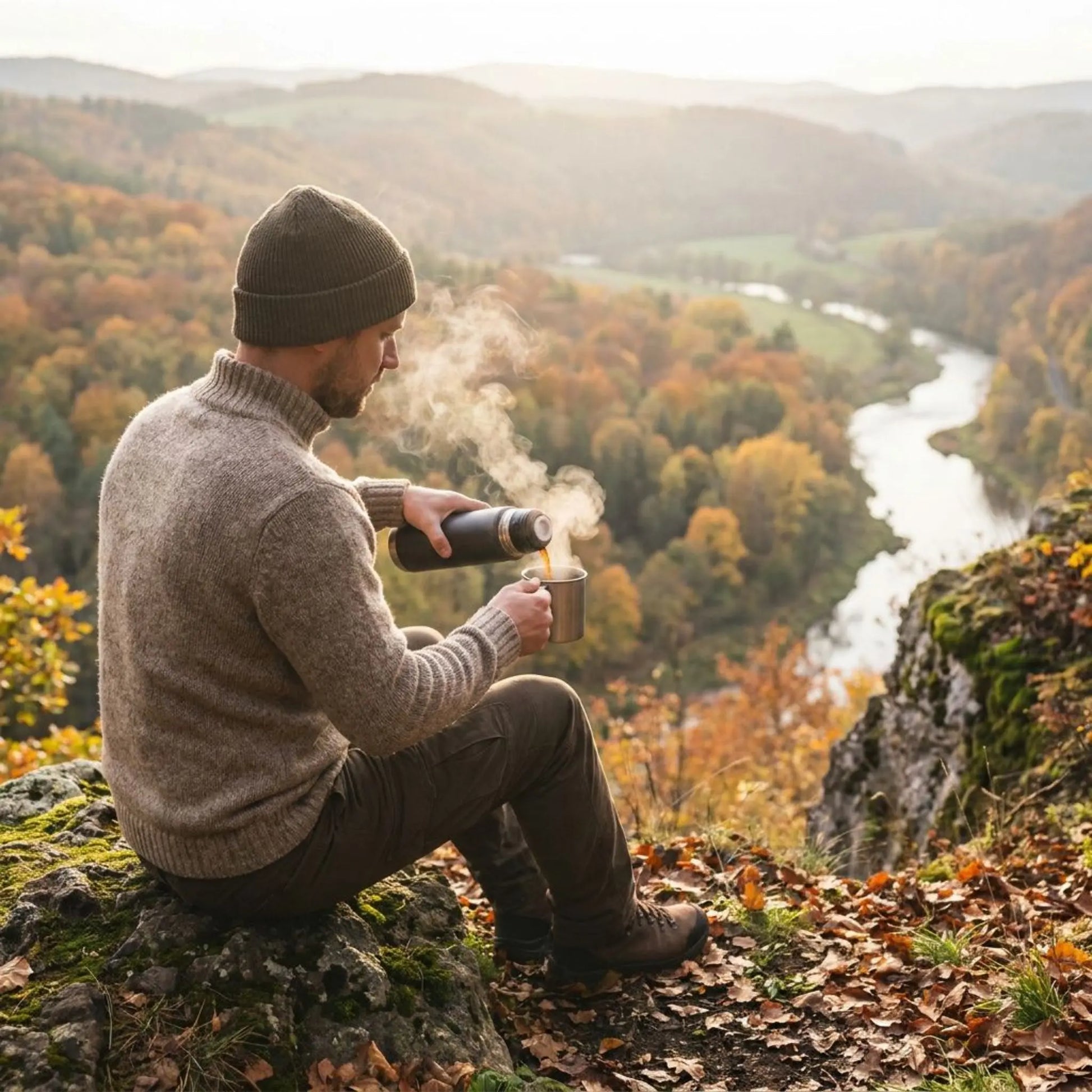 A hiker pouring steaming, hot pumpkin spice coffee from a thermos overlooking a fall scenery.