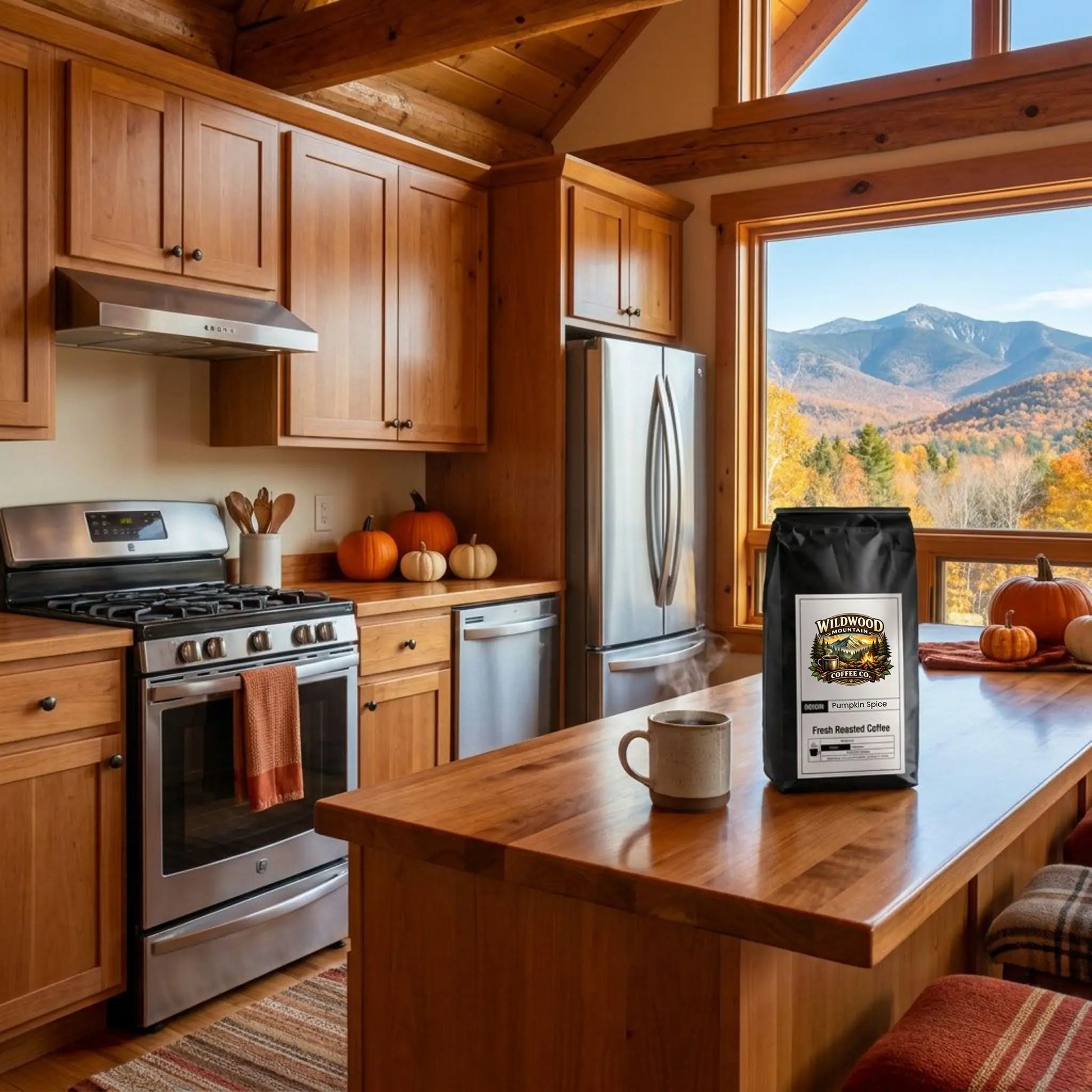 Mountain Cabin Kitchen with wooden cabinets, stainless steel appliances, and a view of mountains and trees.