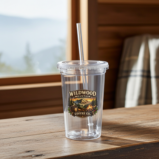 Wildwood Mountain Coffee Co Acrylic Tumbler with Straw, Reusable Iced Coffee Cup