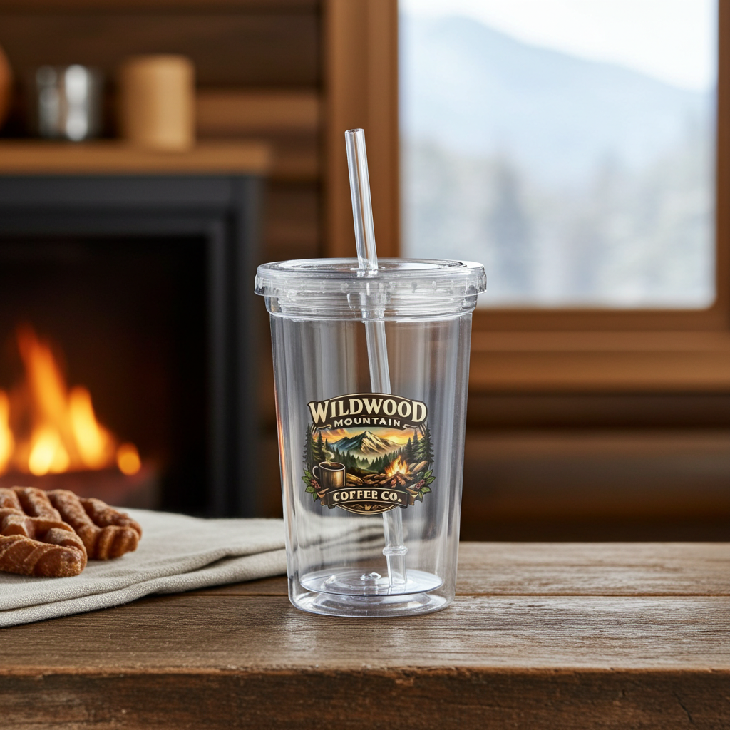 Wildwood Mountain Coffee Co Acrylic Tumbler with Straw, Reusable Iced Coffee Cup