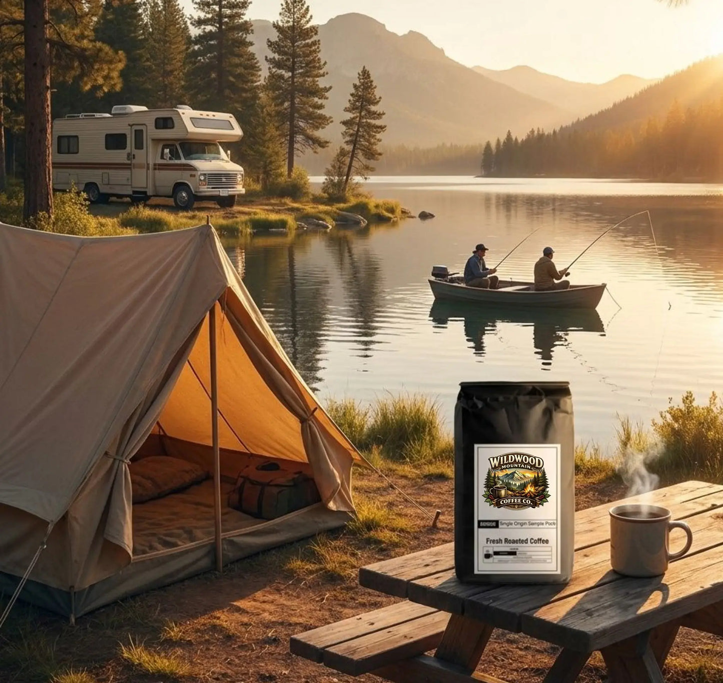 Single Origin Sample Pack bag on a picnic table with a steam hot cup of coffee next to it.  Scene is two fishermen fishing on the lake.  A tent is pitched near the picnic table and their RV is parked in the background.  Beautiful sunrise morning.