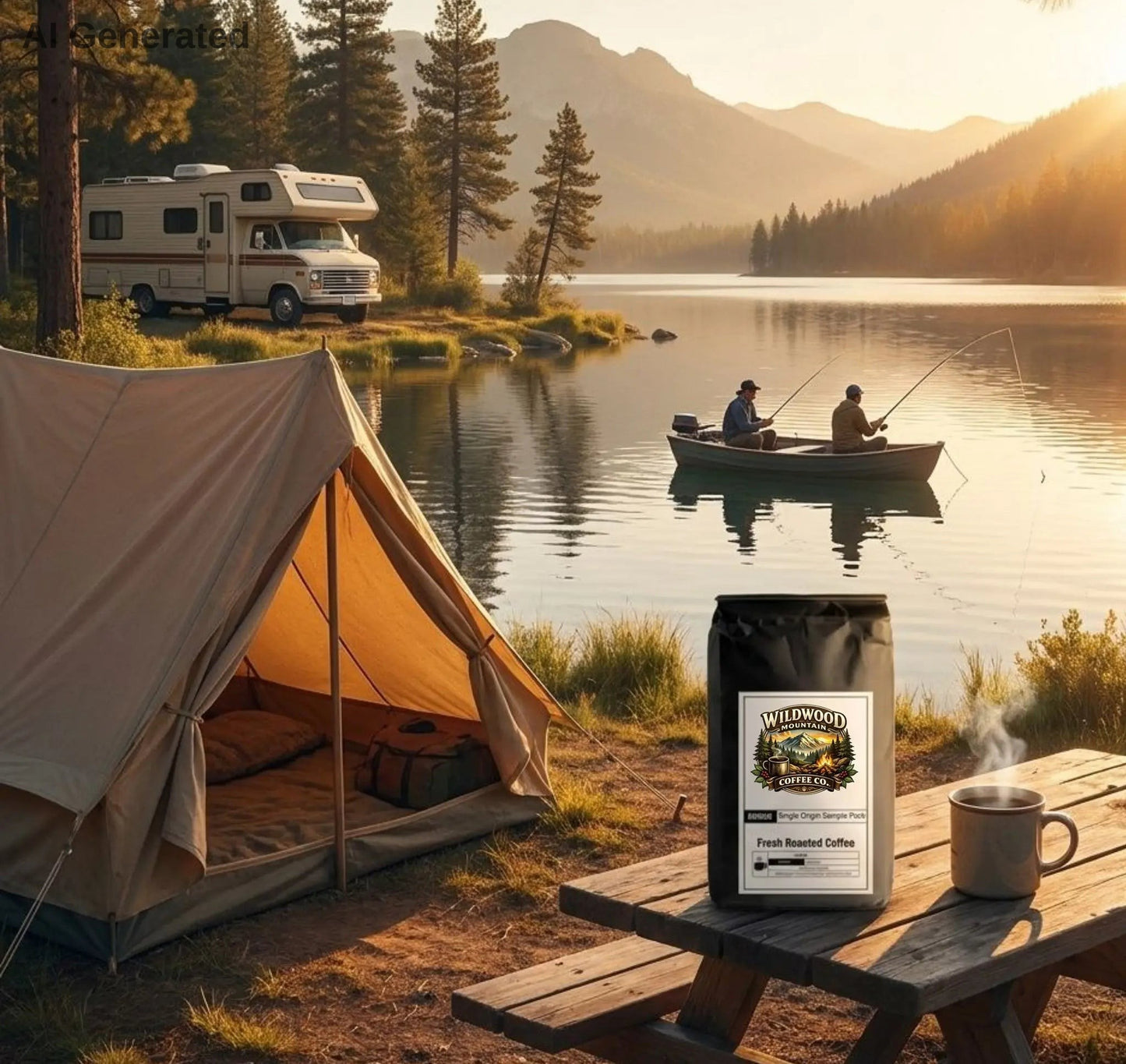 Single Origin Sample Pack bag on a picnic table with a steam hot cup of coffee next to it.  Scene is two fishermen fishing on the lake.  A tent is pitched near the picnic table and their RV is parked in the background.  Beautiful sunrise morning.