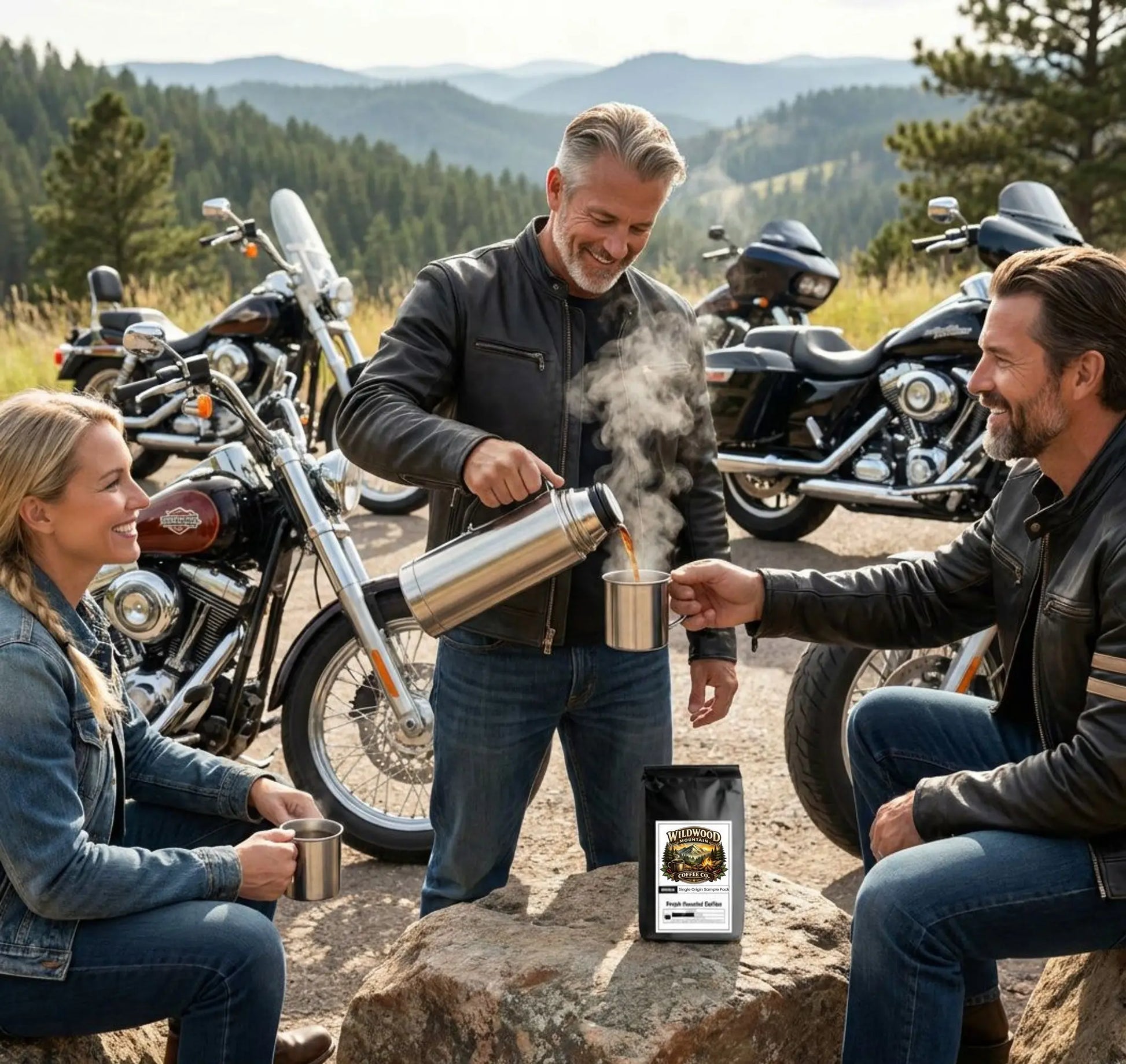 A group of motorcycle riders enjoying Wildwood Mountain Coffee while stopped at a lookout point near Sturgis, SD.  