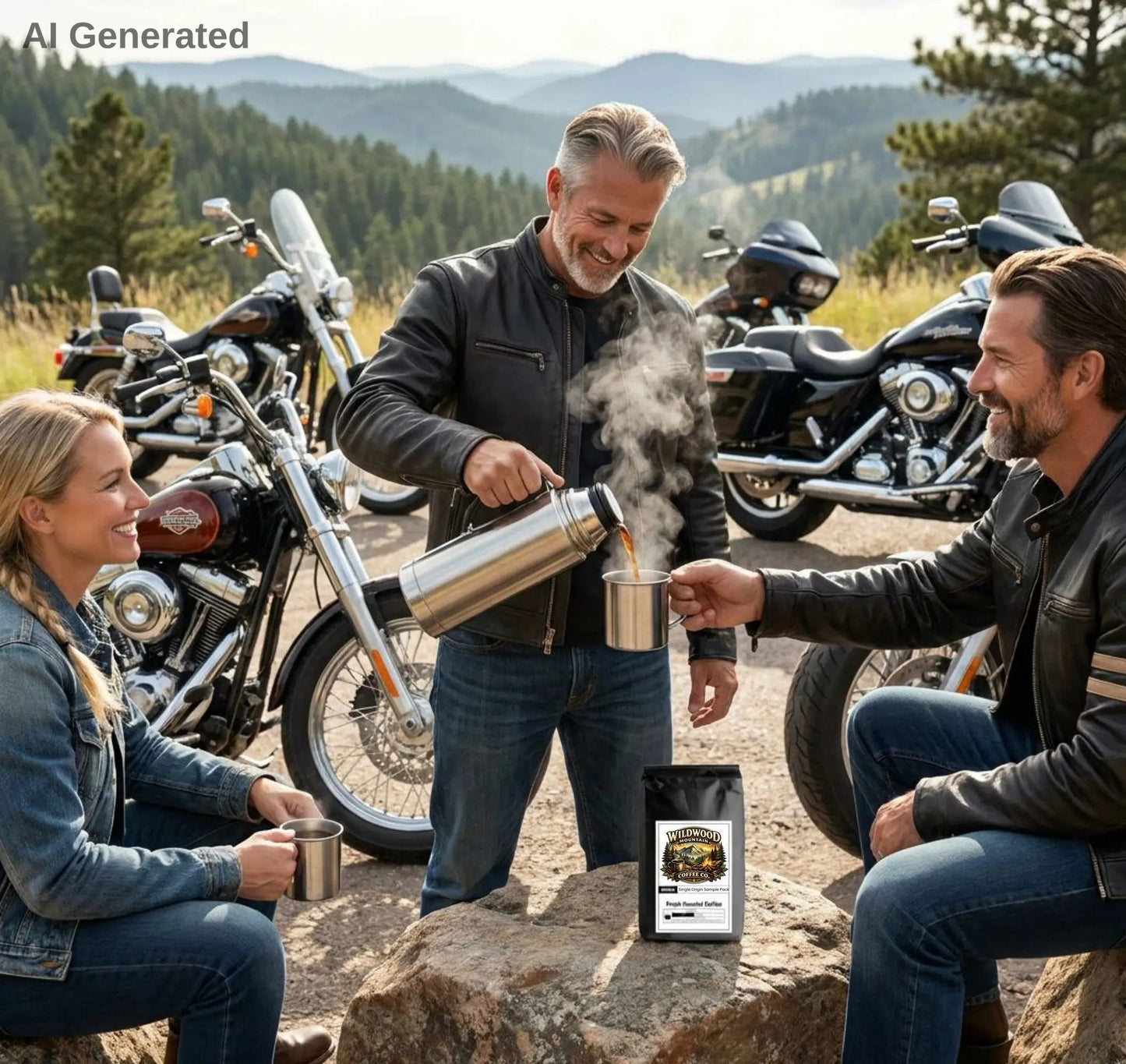 A group of motorcycle riders enjoying Wildwood Mountain Coffee while stopped at a lookout point near Sturgis, SD.  