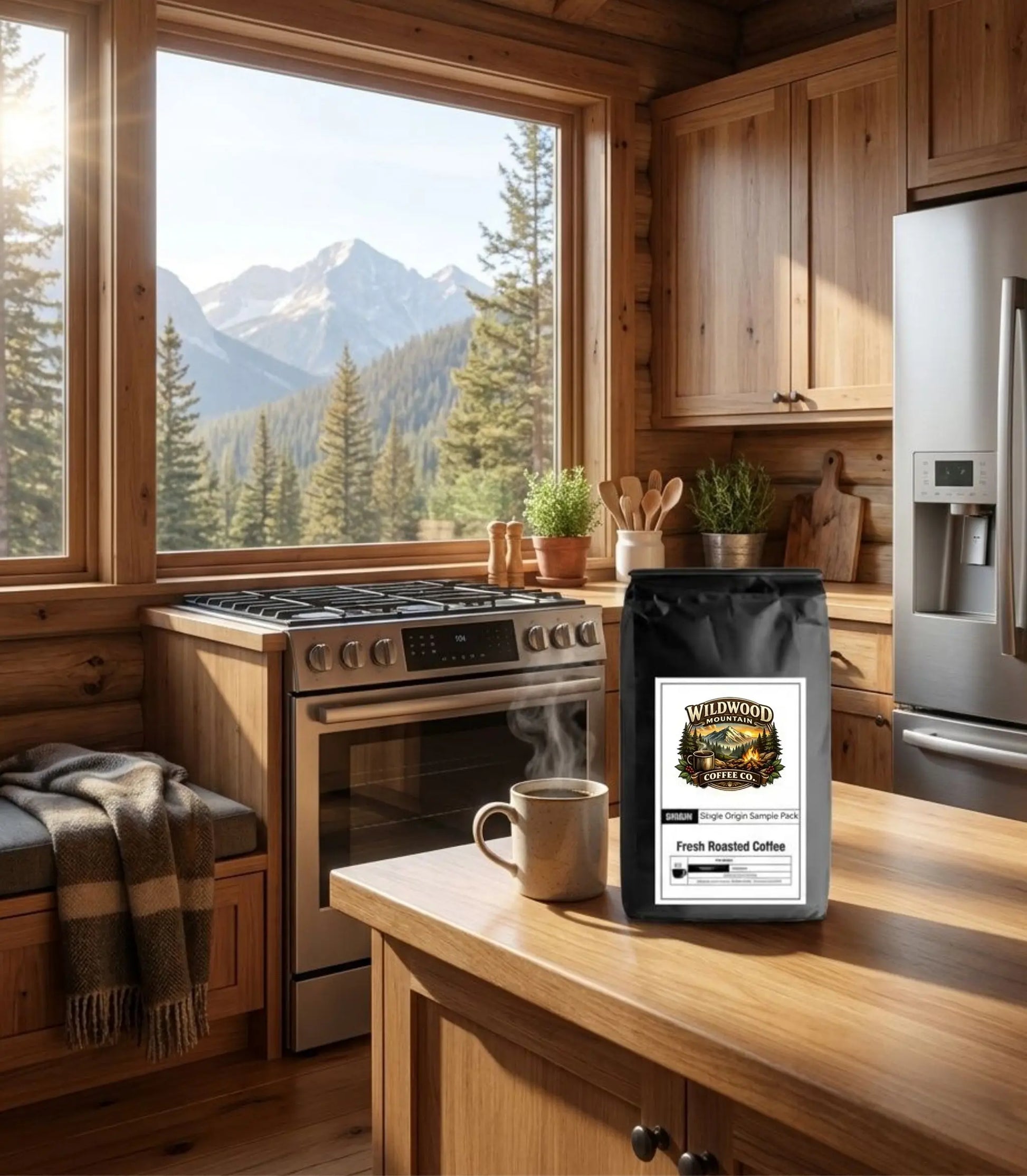 Single Origin Sample Pack bag on a wood countertop with a steaming cup of hot coffee to its side.  Shown in a log cabin kitchen.