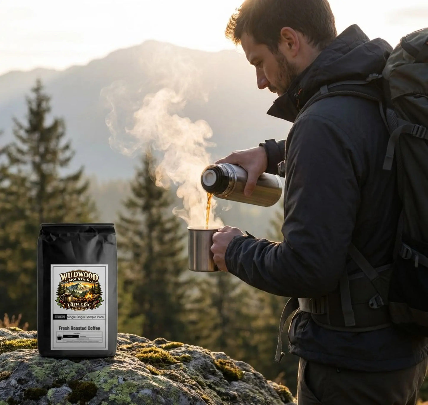 A hiker is pouring hot coffee from a thermos into a cup with a Wildwood Mountain Coffee Co. bag sitting on a rock with mountains and trees in the background.