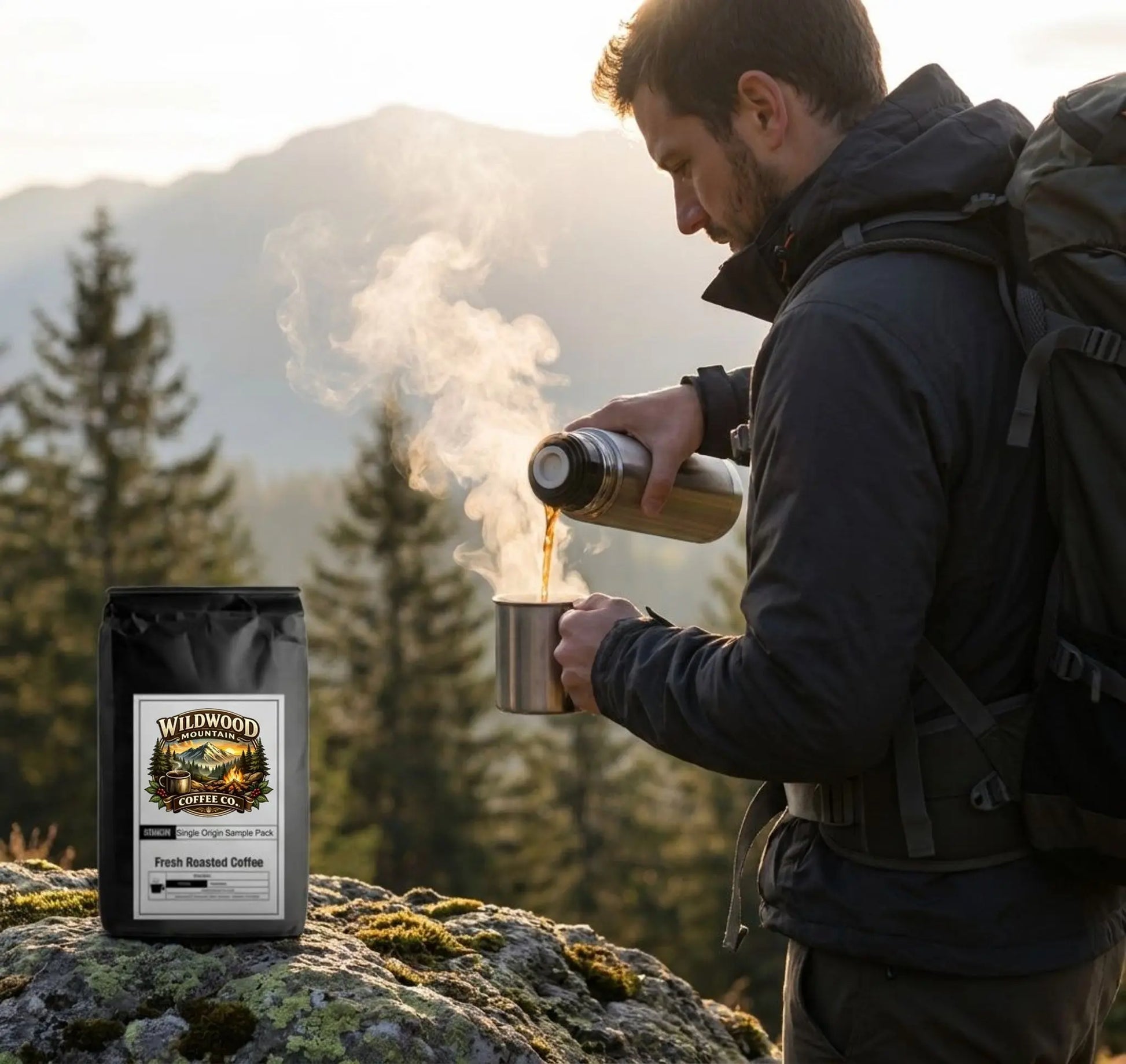 A hiker is pouring hot coffee from a thermos into a cup with a Wildwood Mountain Coffee Co. bag sitting on a rock with mountains and trees in the background.