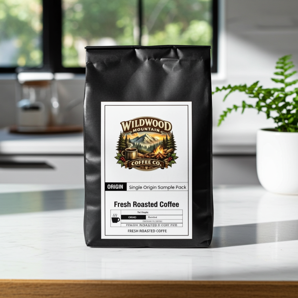 Wildwood Mountain Coffee Co. coffee bag on a kitchen counter with a blurred background