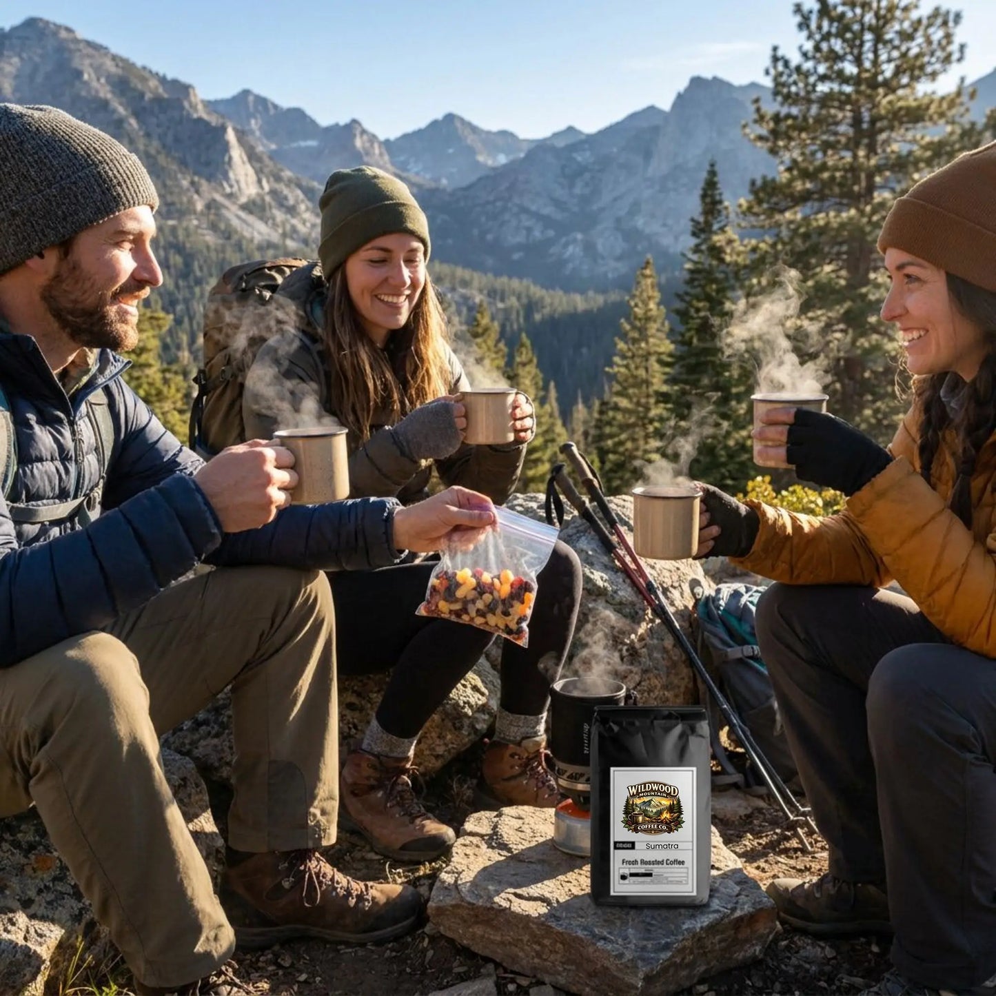 Hikers enjoying hot coffee in a mountainous area with a visible Wildwood Mountain Coffee Co bag.