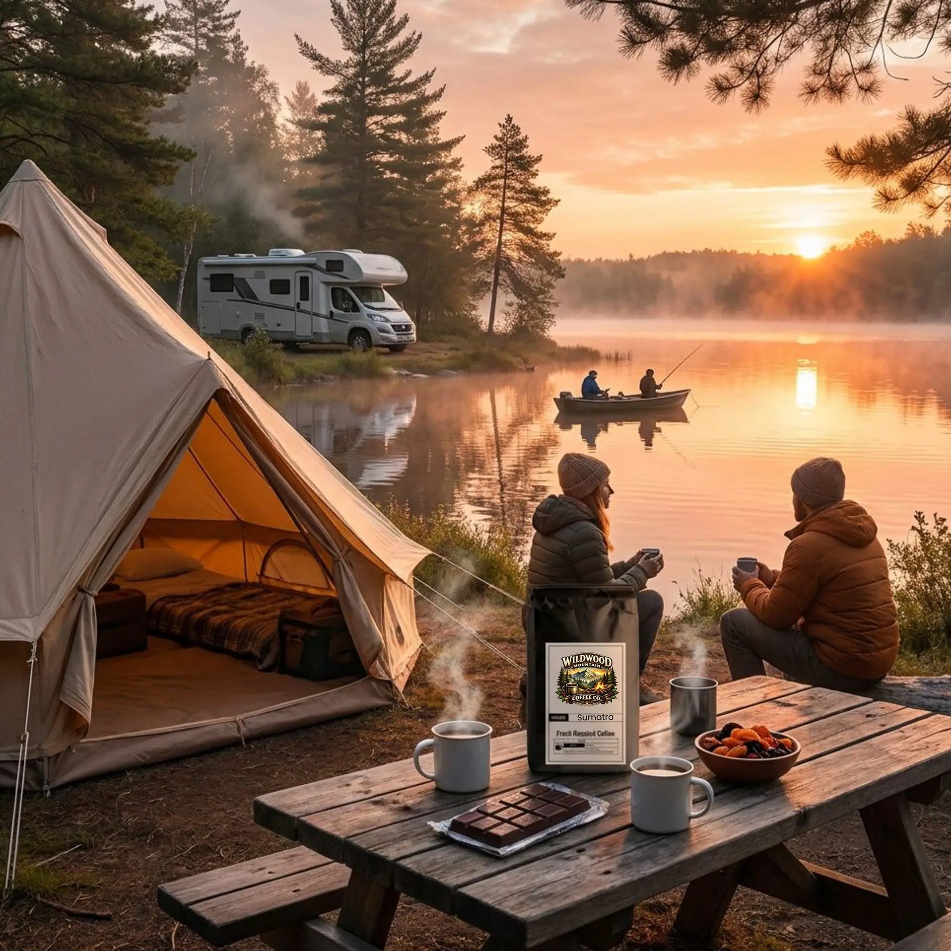 Camping scene with a tent, RV, and campers by a lake.