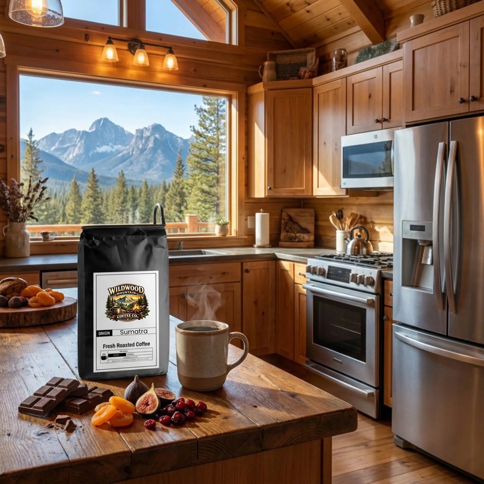Mountain Cabin kitchen with coffee bag, mug, and snacks on a counter with mountain view