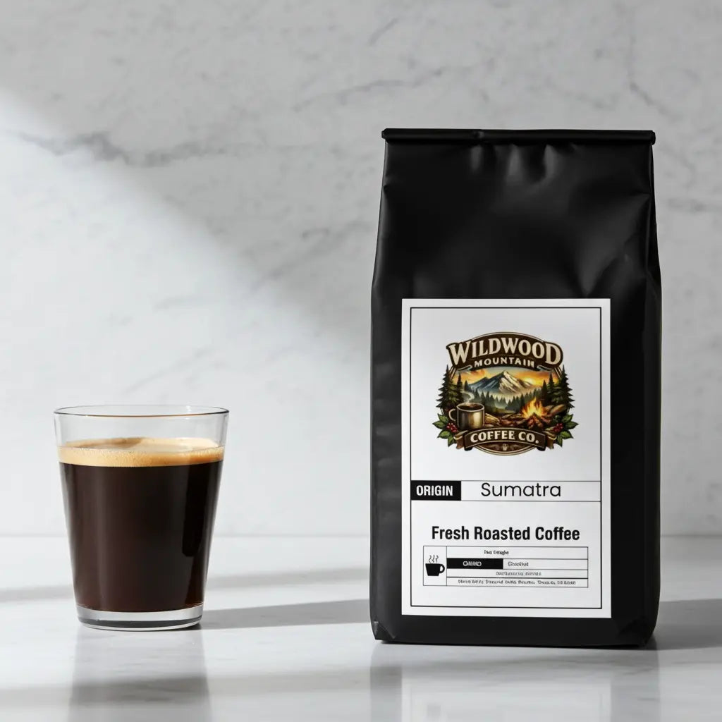 Bag of Wildwood Mountain Coffee Co. Sumatra coffee and a glass of coffee on a marble surface.