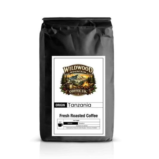 Coffee bag from Wildwood Mountain Coffee Co. with Tanzania label on a white background