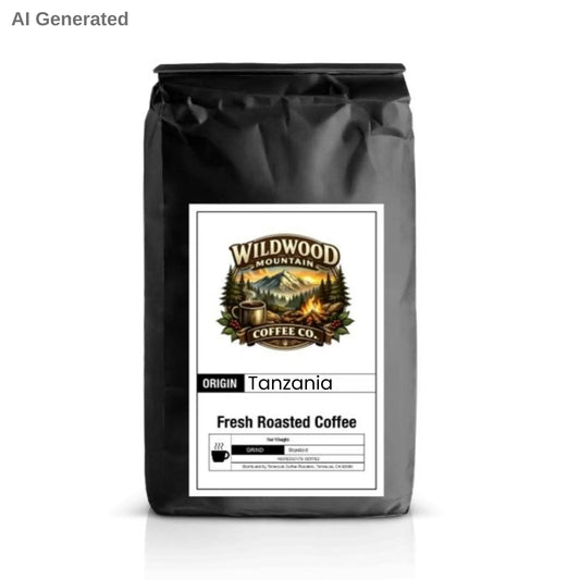 Coffee bag from Wildwood Mountain Coffee Co. with Tanzania label on a white background