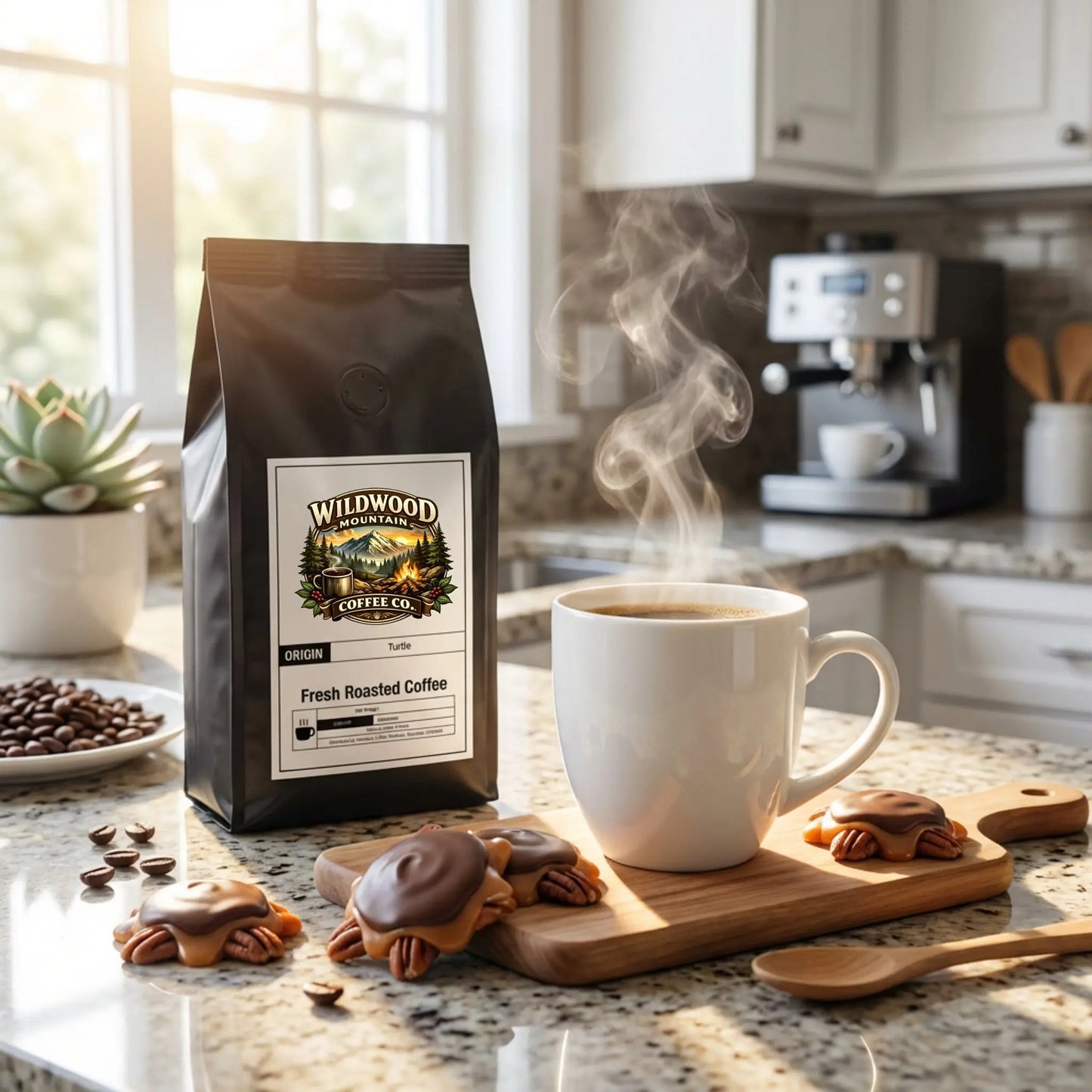 Wildwood Coffee Co. package with a steaming cup of coffee and cookies on a kitchen counter.