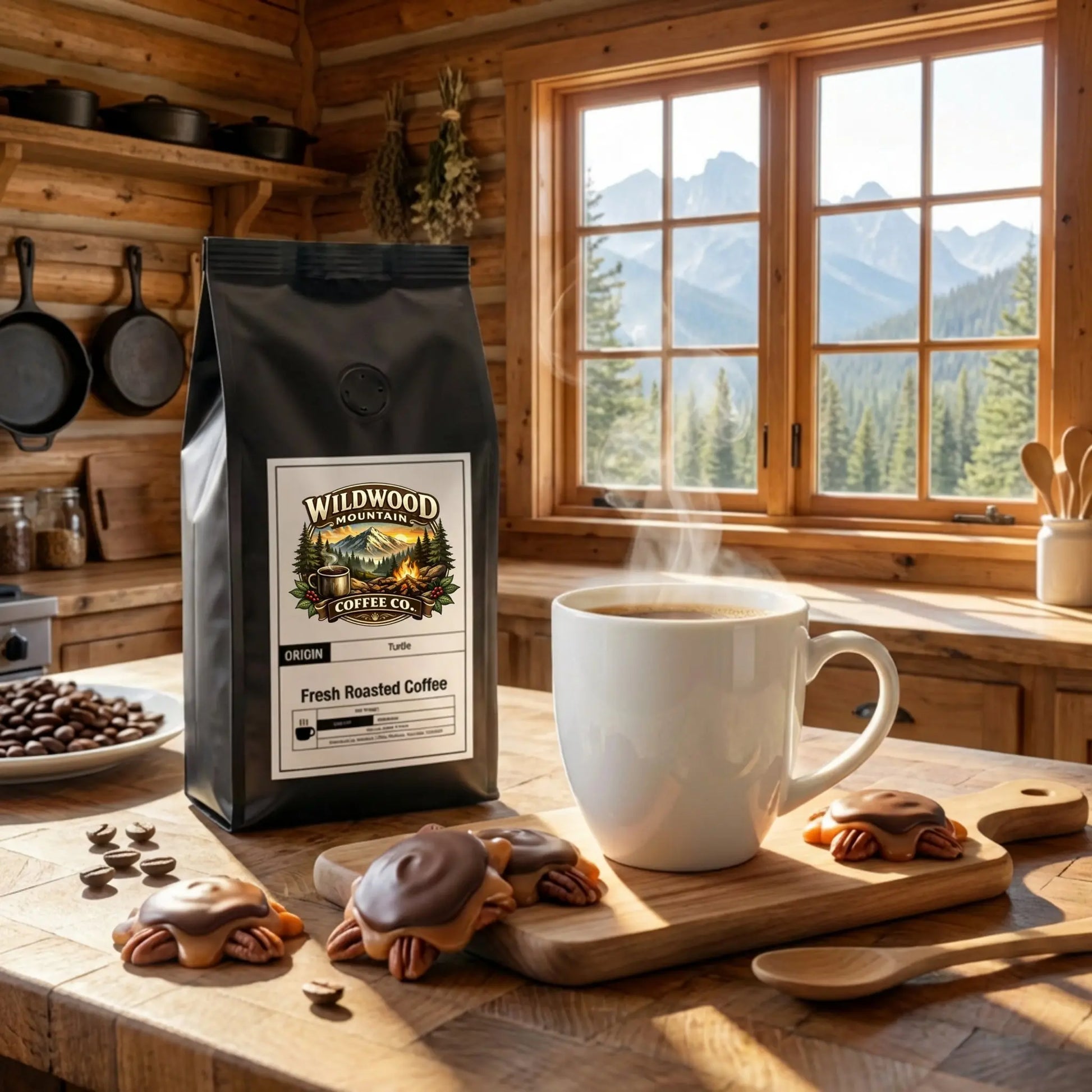 Wildwood Coffee bag with a cup of steaming coffee on a wooden table in a cabin setting.