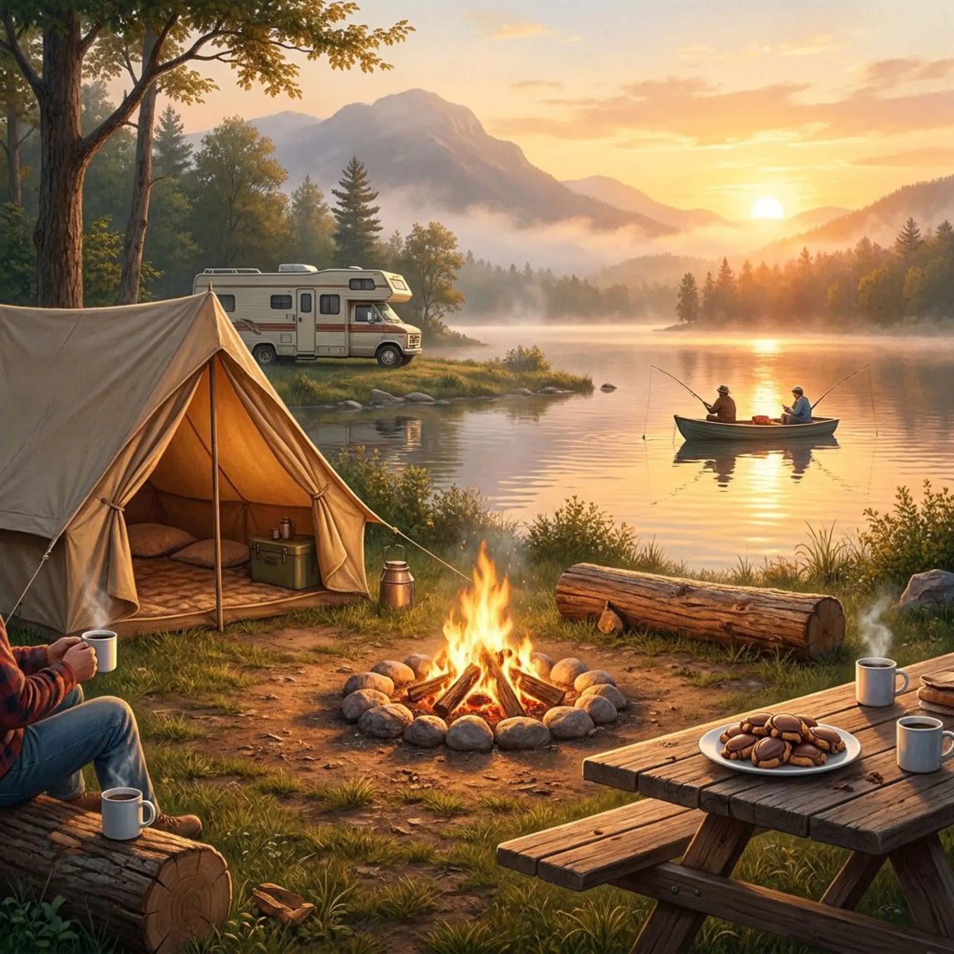Camping scene with a tent, fire pit, and table by a lake with mountains in the background.