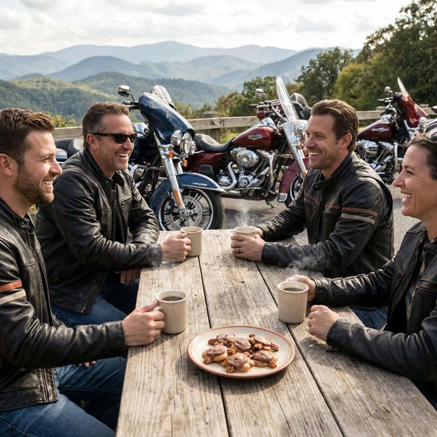 Four people sitting around a wooden table with motorcycles in the background