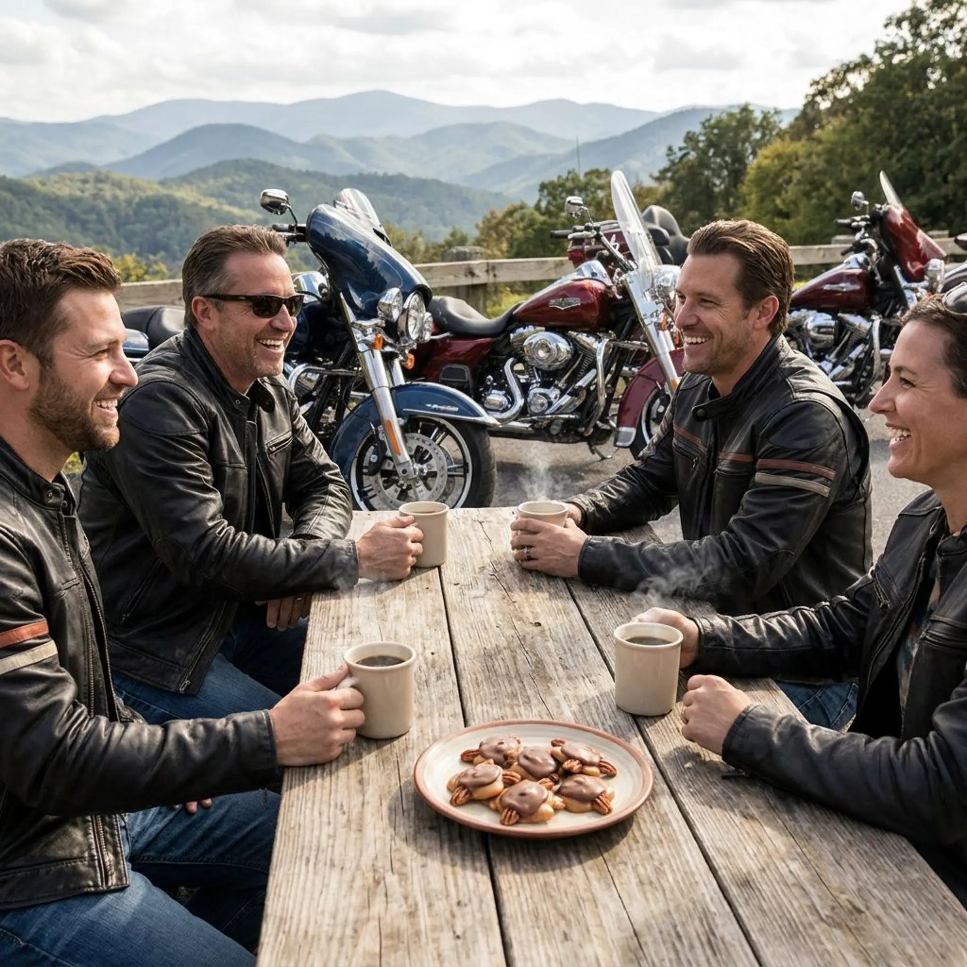 Four people sitting around a wooden table with motorcycles in the background