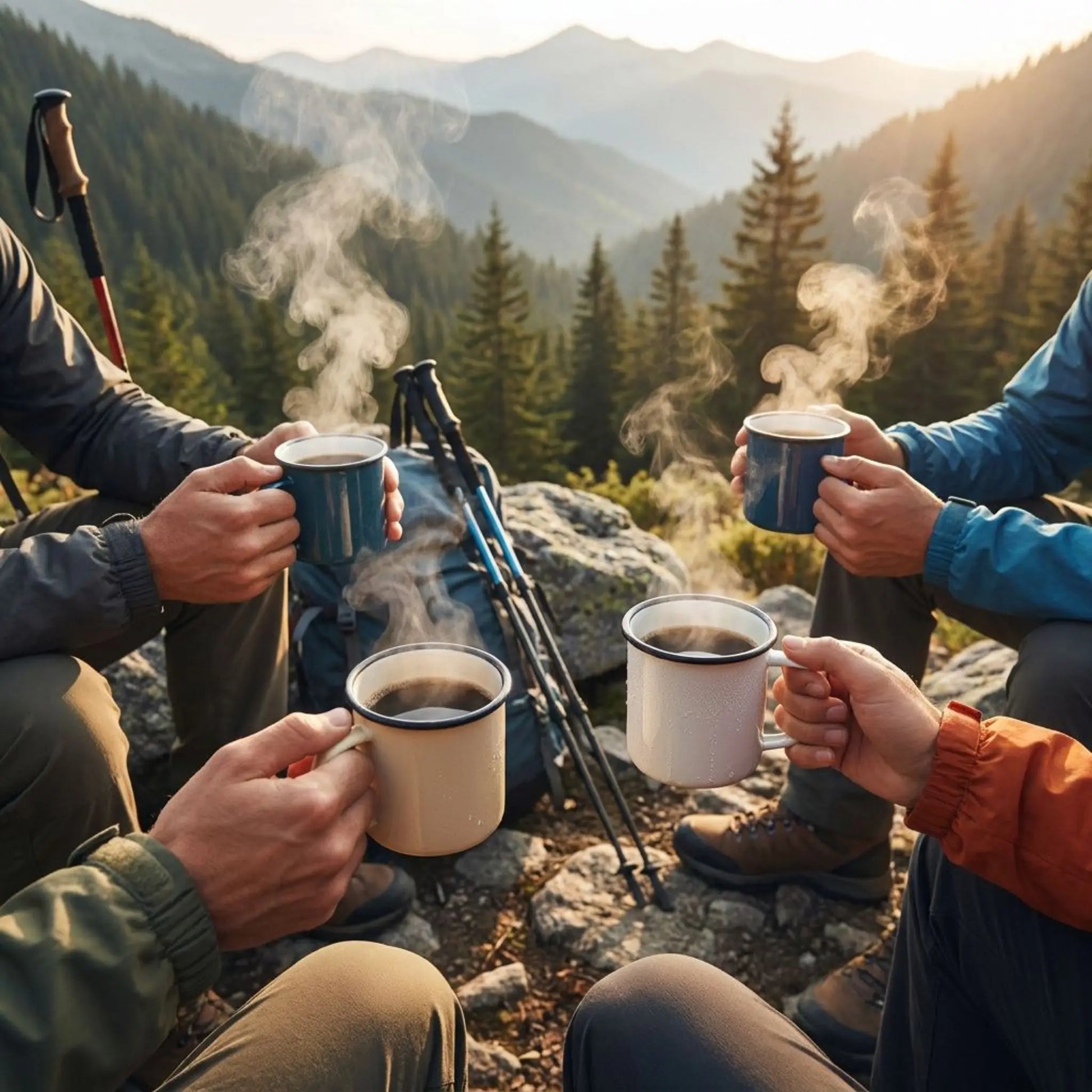 Hikers sitting outdoors with coffee mugs, surrounded by nature and mountains.