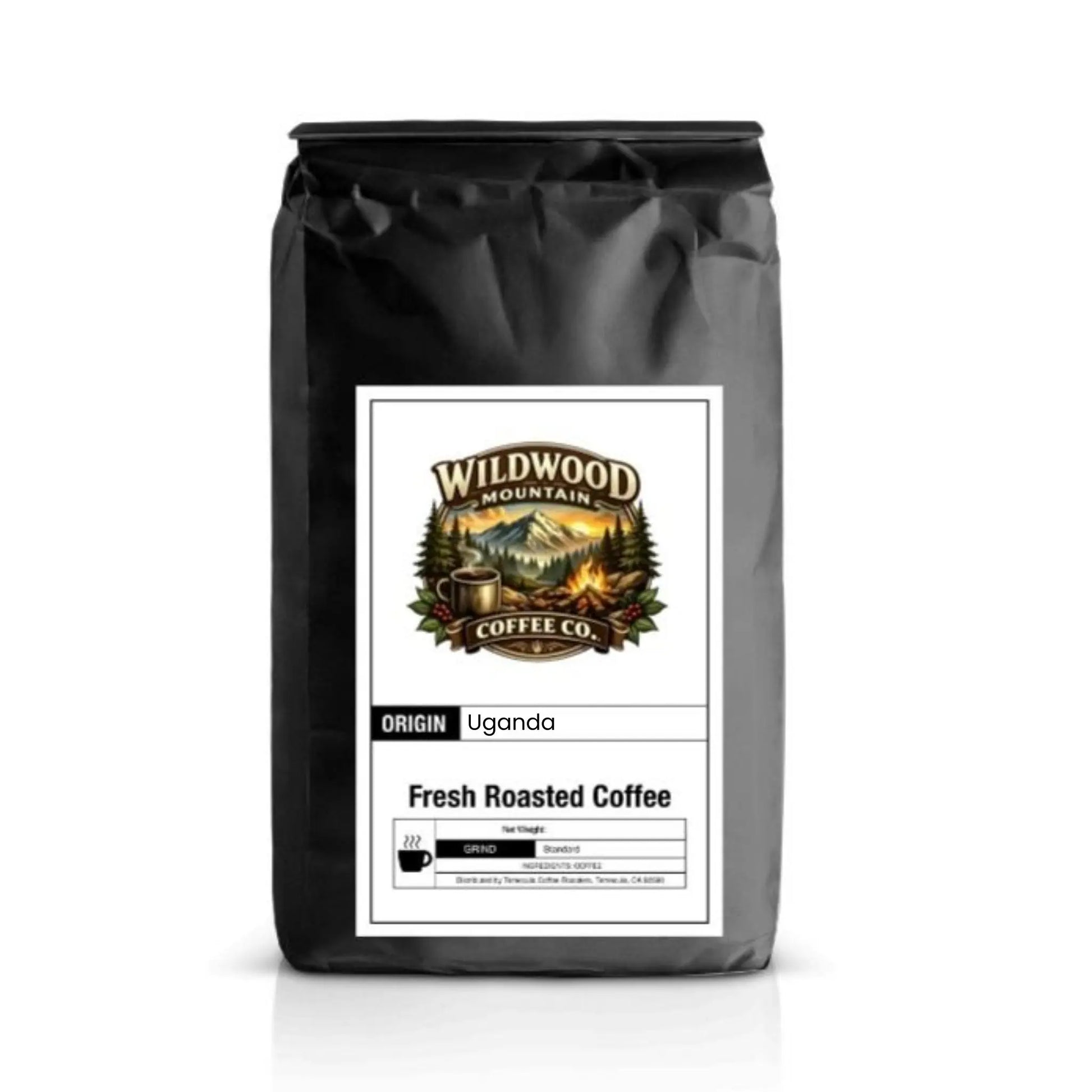 Black coffee bag with Wildwood Mountain Coffee Co. label on a white background