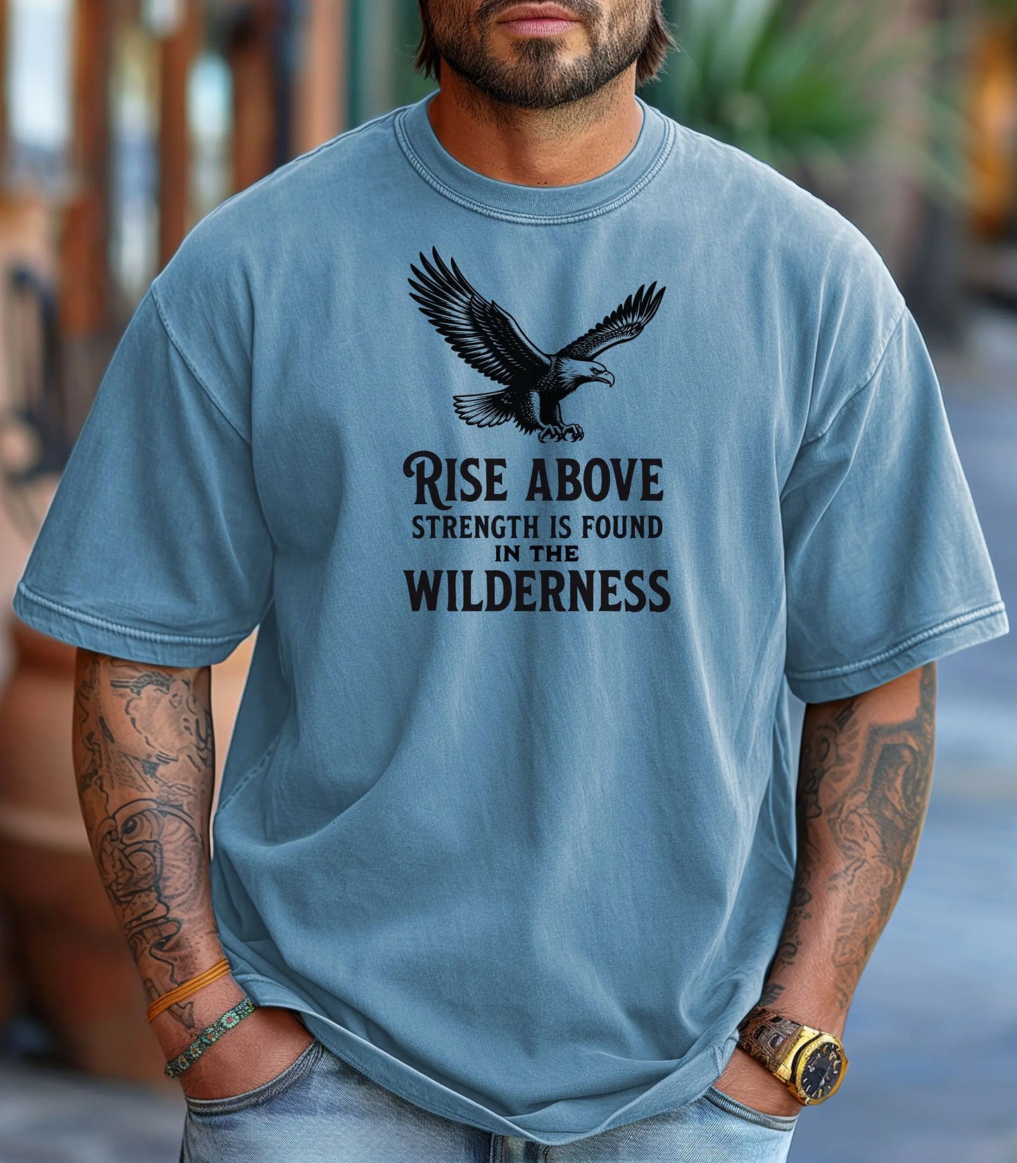 Rise Above Wilderness T-Shirt, Eagle Graphic Outdoor Adventure Tee Printify
