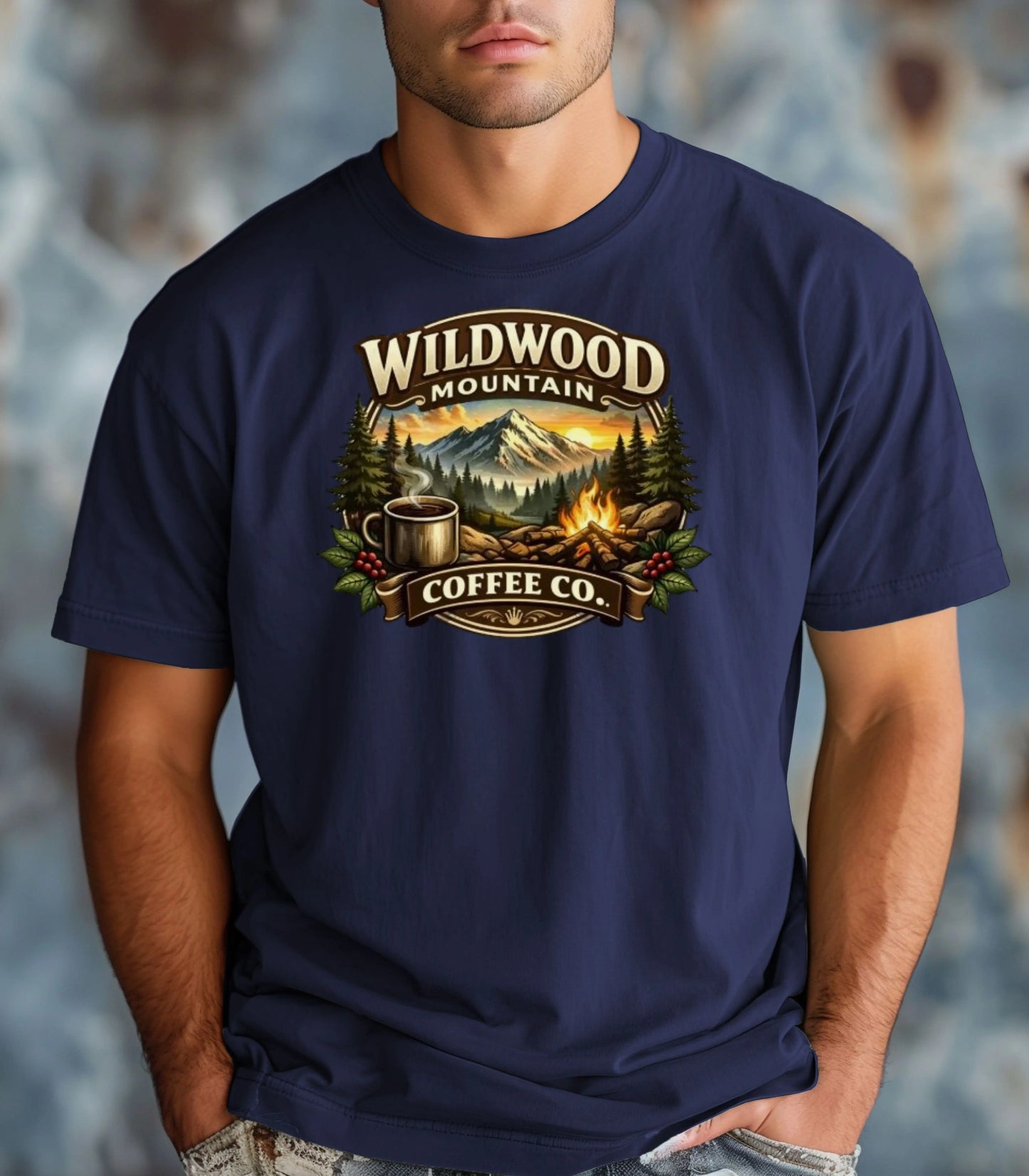 Adventure Camping Tee, Campfire & Mountain Sunrise T-Shirt, Wildwood Mountain Coffee Co T-Shirt, Vintage Campfire Coffee Shirt Wildwood Mountain Coffee Co