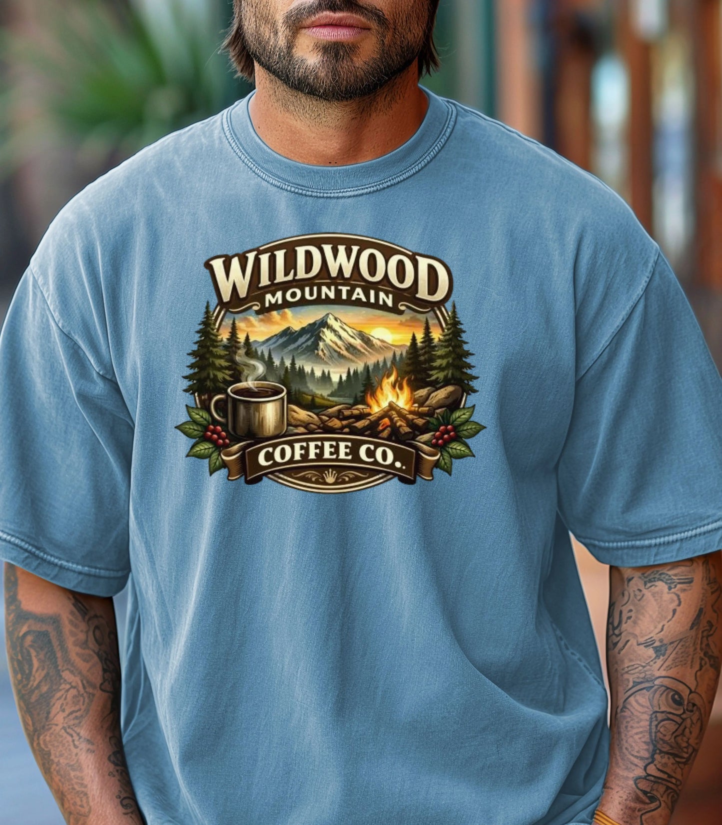 Adventure Camping Tee, Campfire & Mountain Sunrise T-Shirt, Wildwood Mountain Coffee Co T-Shirt, Vintage Campfire Coffee Shirt Wildwood Mountain Coffee Co