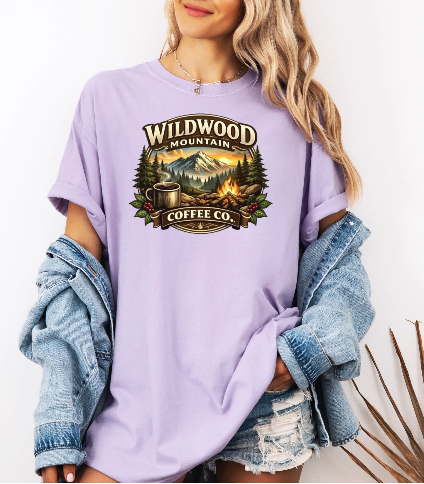 Adventure Camping Tee, Campfire & Mountain Sunrise T-Shirt, Wildwood Mountain Coffee Co T-Shirt, Vintage Campfire Coffee Shirt Wildwood Mountain Coffee Co