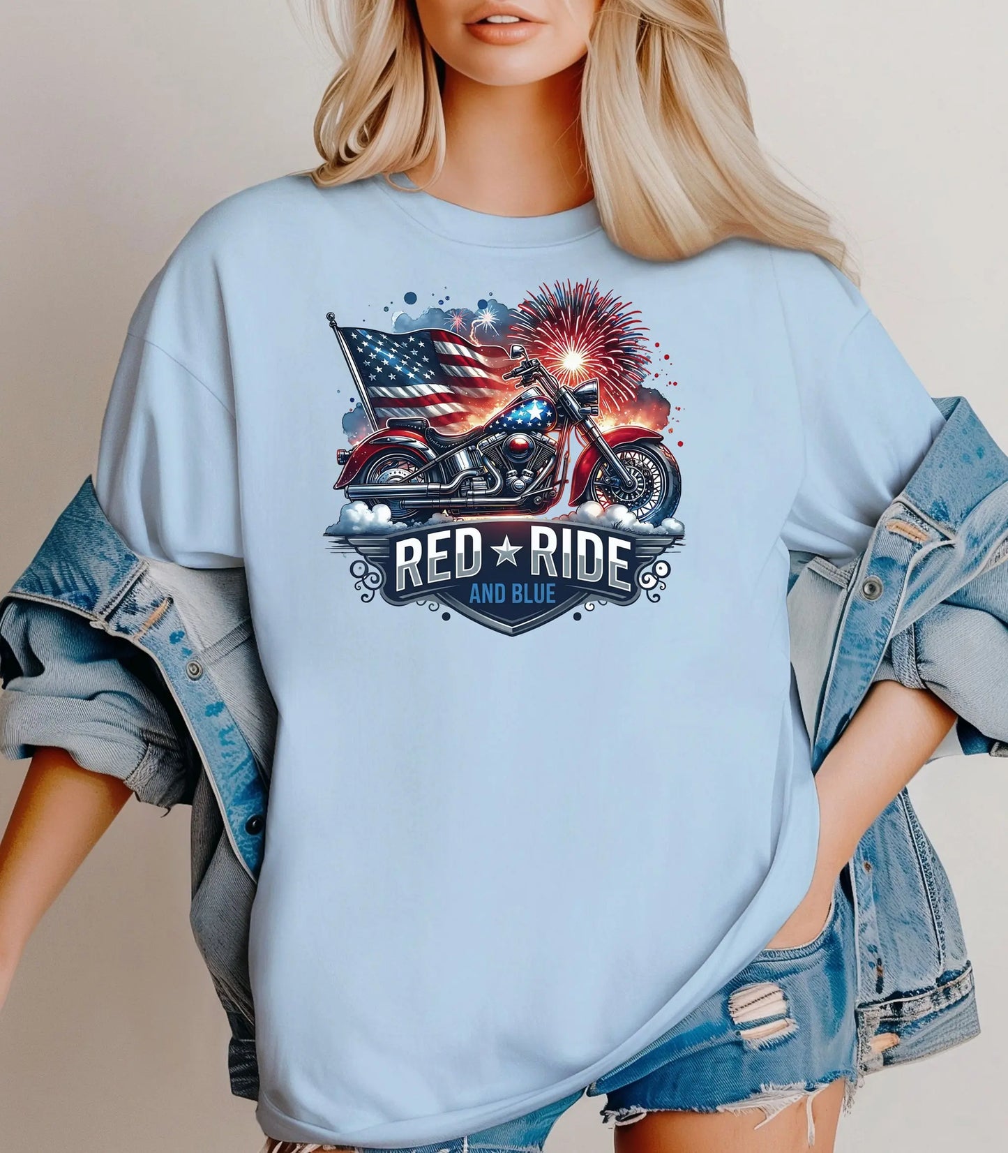 Red Ride and Blue Motorcycle T-Shirt, Patriotic Biker Tee Wildwood Mountain Coffee Co