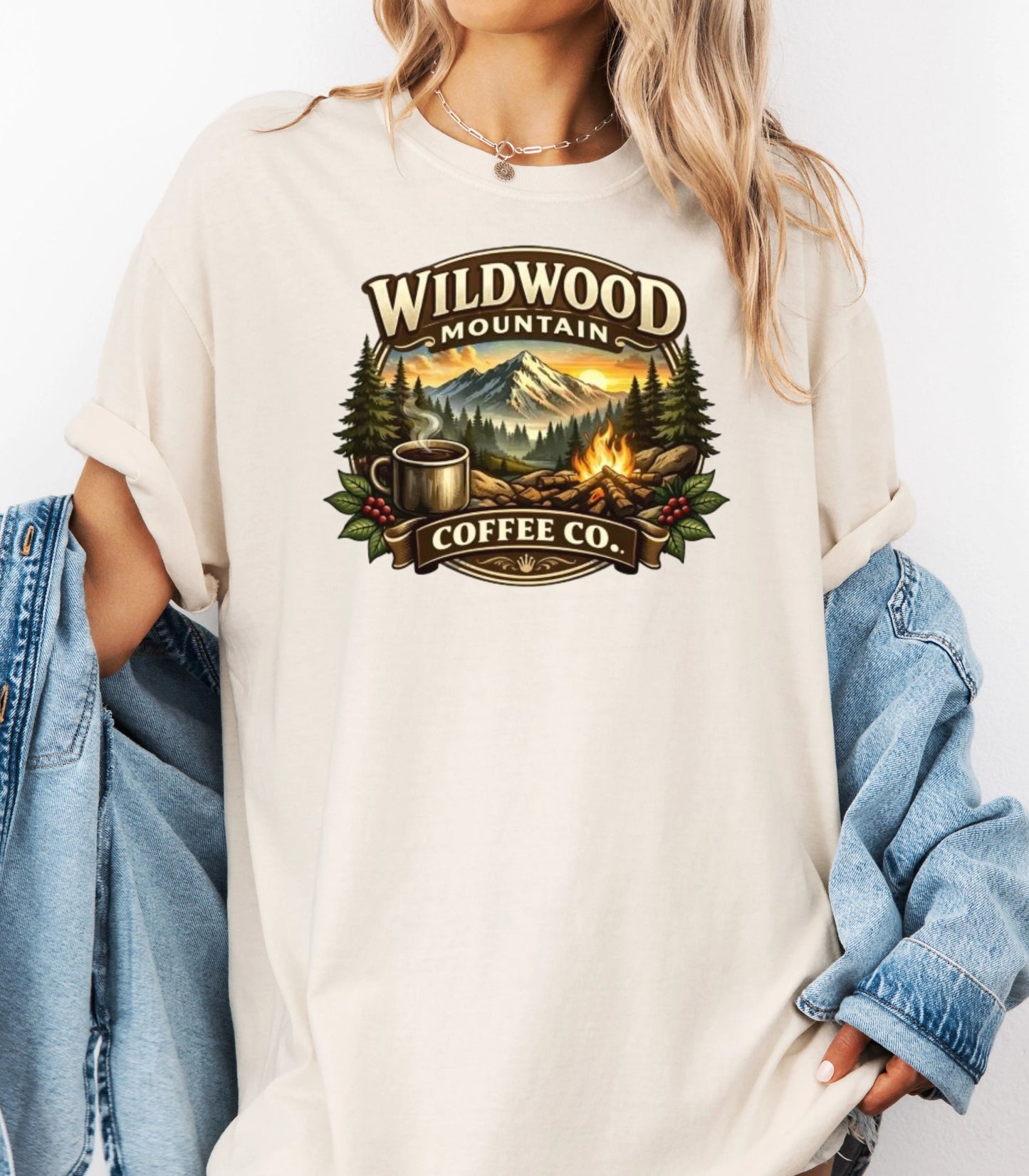 Adventure Camping Tee, Campfire & Mountain Sunrise T-Shirt, Wildwood Mountain Coffee Co T-Shirt, Vintage Campfire Coffee Shirt Wildwood Mountain Coffee Co
